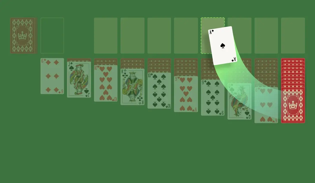 If you have an Ace, move it to the Foundation cells by clicking it or dragging it to the space. Continue building each Foundation cell in an ascending sequence of ordered suits. Once you move a card to the Foundation and it goes under other cards in the Foundation, you cannot use it in the Tableau without moving the top card first.