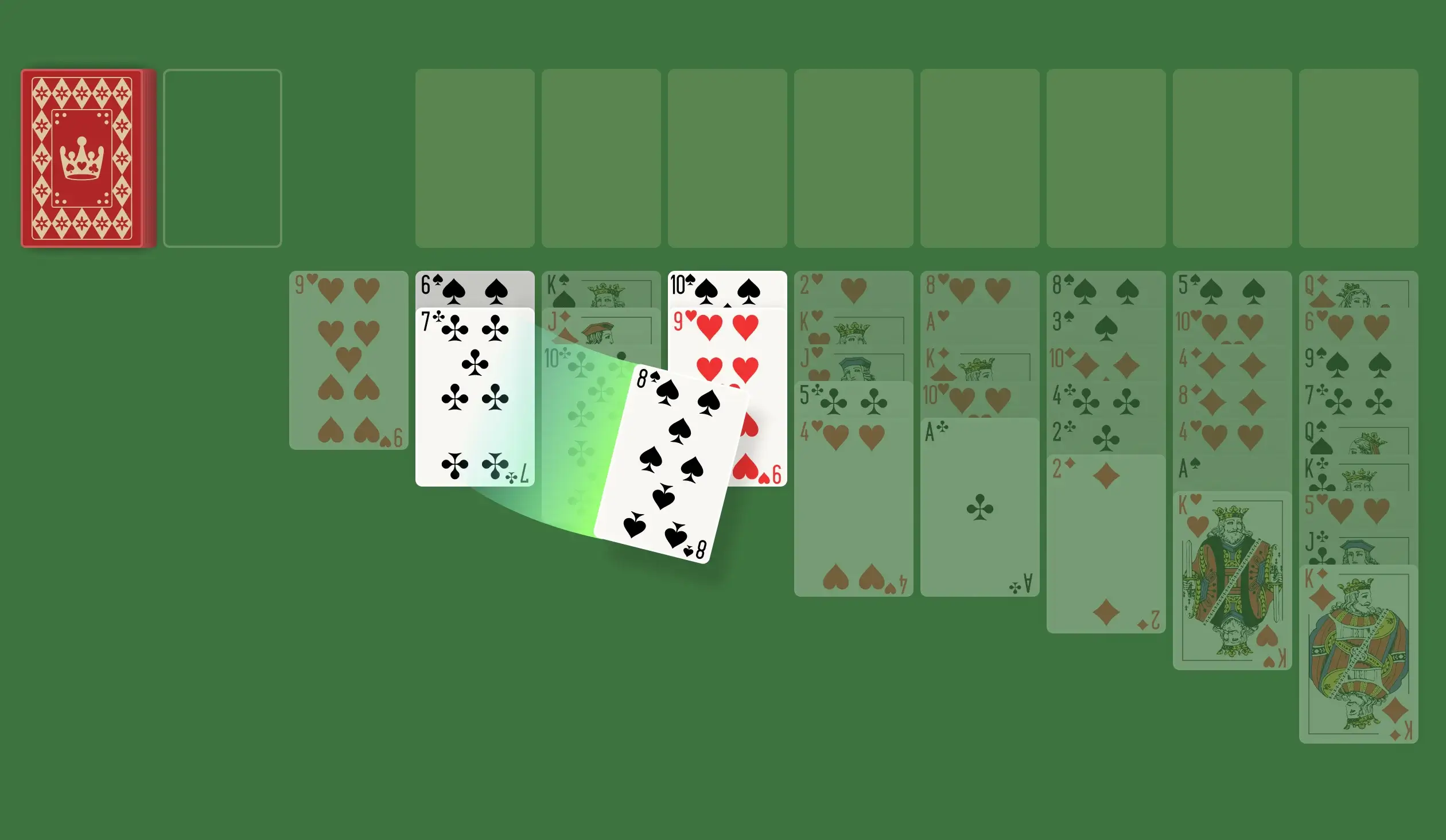 In the Tableau, you can transfer the topmost card from one column onto the topmost card of another column, given that the transferred card is one rank lower and of the opposite color. For example, you can move a 8 of Spades onto an 9 of Hearts. This rule also applies to sequences of cards — you can move a stack of in-sequence cards together as a unit from one column to another.