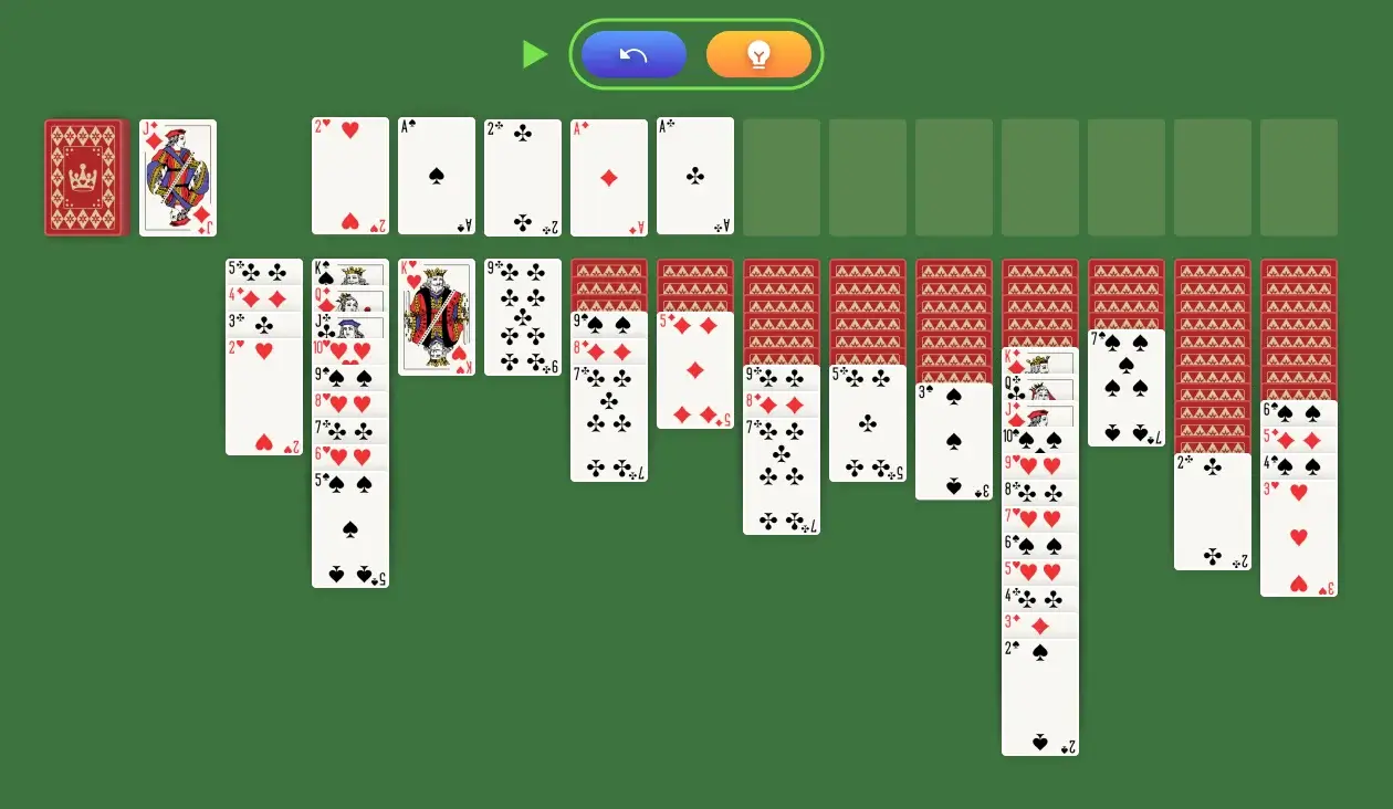 Continue playing by organizing cards in the descending sequence in the Tableau and moving cards to the Foundation whenever possible. Refrain from insistently sending cards to the Foundation because doing so can block upcoming moves. If you’ve made a mistake with a move, click on the UNDO button to go back. Brain fog is common when playing this game, so if you find yourself getting stuck, use the HINT button to nudge you along.