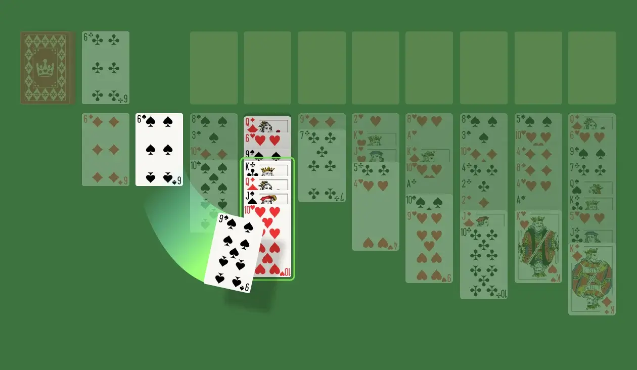 Recall that you can place any card on top of another if they’re in descending order and of the opposite color. For instance, you can place a 7 of Hearts (red) on an 8 of Spades (black). You can also move stacks of cards if they’re in a sequence and the first card respects the first rule I highlighted. Since you see all the cards on the Tableau, there’s no concept of revealing hidden cards, so you should have an easier time making your moves.