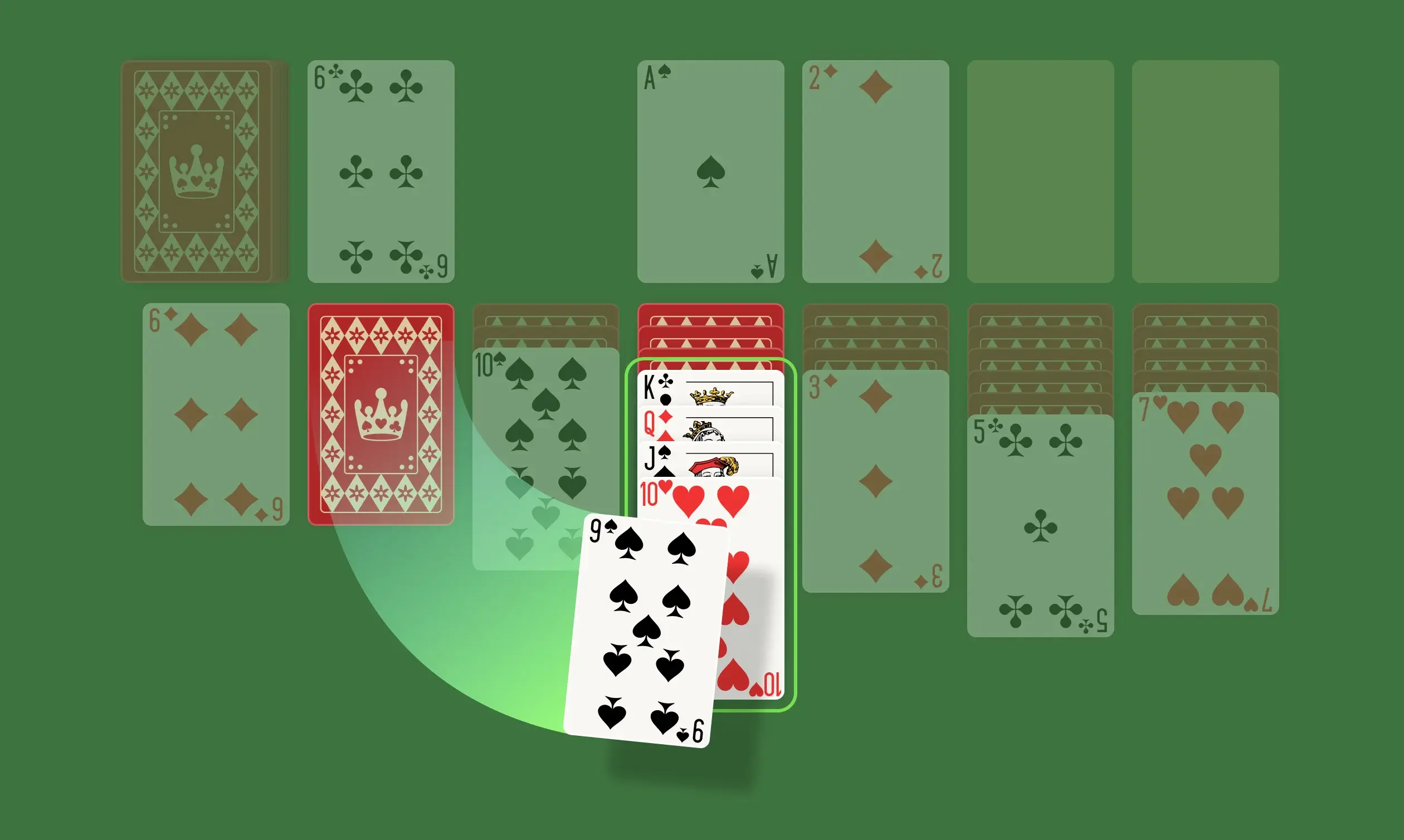 In the Tableau, you can move the top card from one column to another if it’s one rank lower and a different color. For example, you could place a 5 of Hearts (a red card) on a 6 of Spades (a black card). This rule also extends to include sequences, so you can move an entire stack of cards if they’re arranged in descending order. Another key point you should know about the Tableau is regarding empty columns. As you play, you’ll likely create some unfilled spaces. When that happens, you can only fill them with a King or a sequence starting with a King.