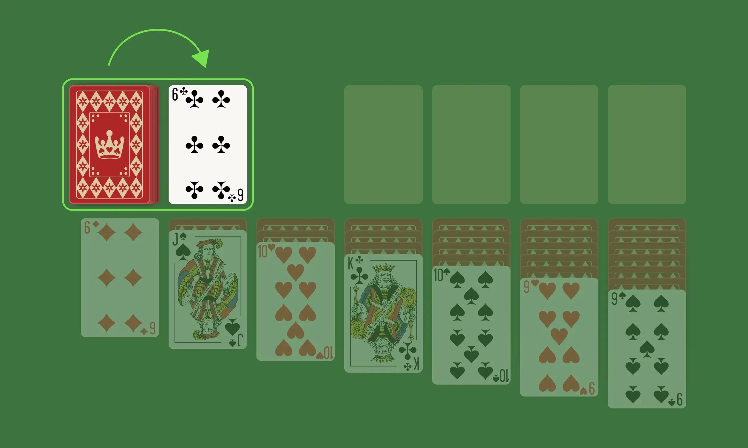 If you empty a column, you can fill the empty spot with only a King. On the other hand, when you’ve run out of moves in the Tableau columns, you can use the Stockpile to draw one card to help you build the sequences in your Tableau or Foundation piles. You win after placing all the cards into the four Foundation piles or by fully arranging the cards in the Tableau.