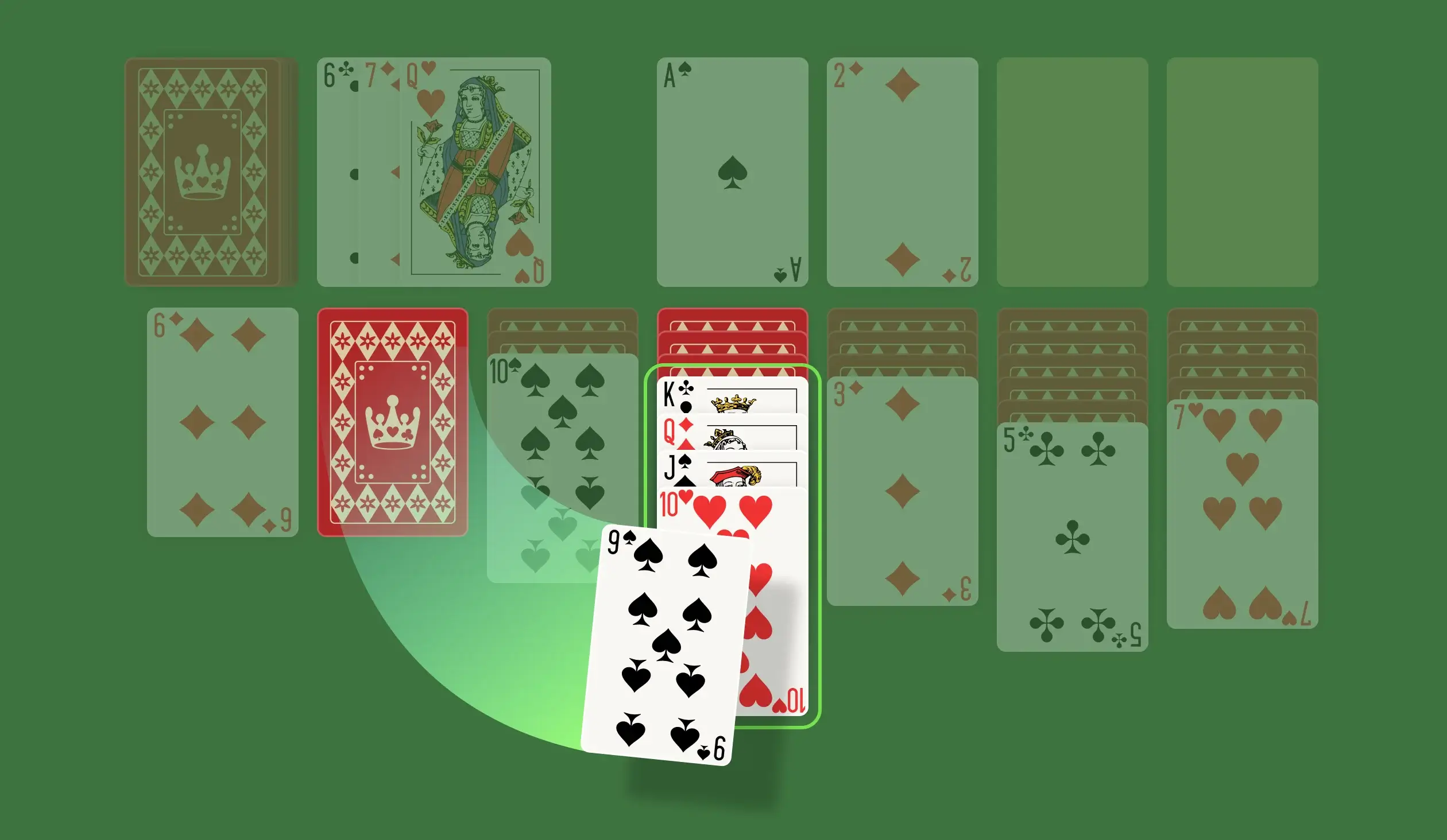 In the Tableau, you can move the top card from one column to another if it’s one rank lower and a different color. For instance, you can place a 3 of Diamonds (red) on a 4 of Clubs (black). This rule also applies to sequences, allowing you to move an entire stack if the cards are arranged in descending order. Another important part of the Tableau is handling empty columns. As you play, you might create empty columns, and when you do, you can only fill them with a King or a sequence starting with a King. This will help you keep your options open for future moves.