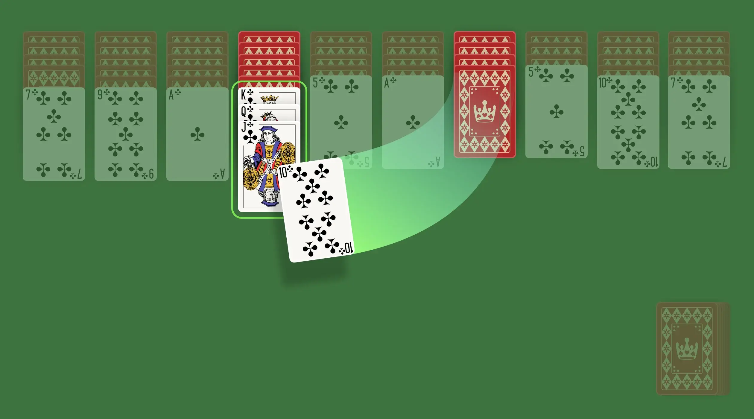 Your mission is to organize cards in descending order from King to Ace in their respective suits. However, you can move cards between columns irrespective of their suit as long as the destination card is one rank higher. You can even move multiple cards in their numerical sequence to other columns.