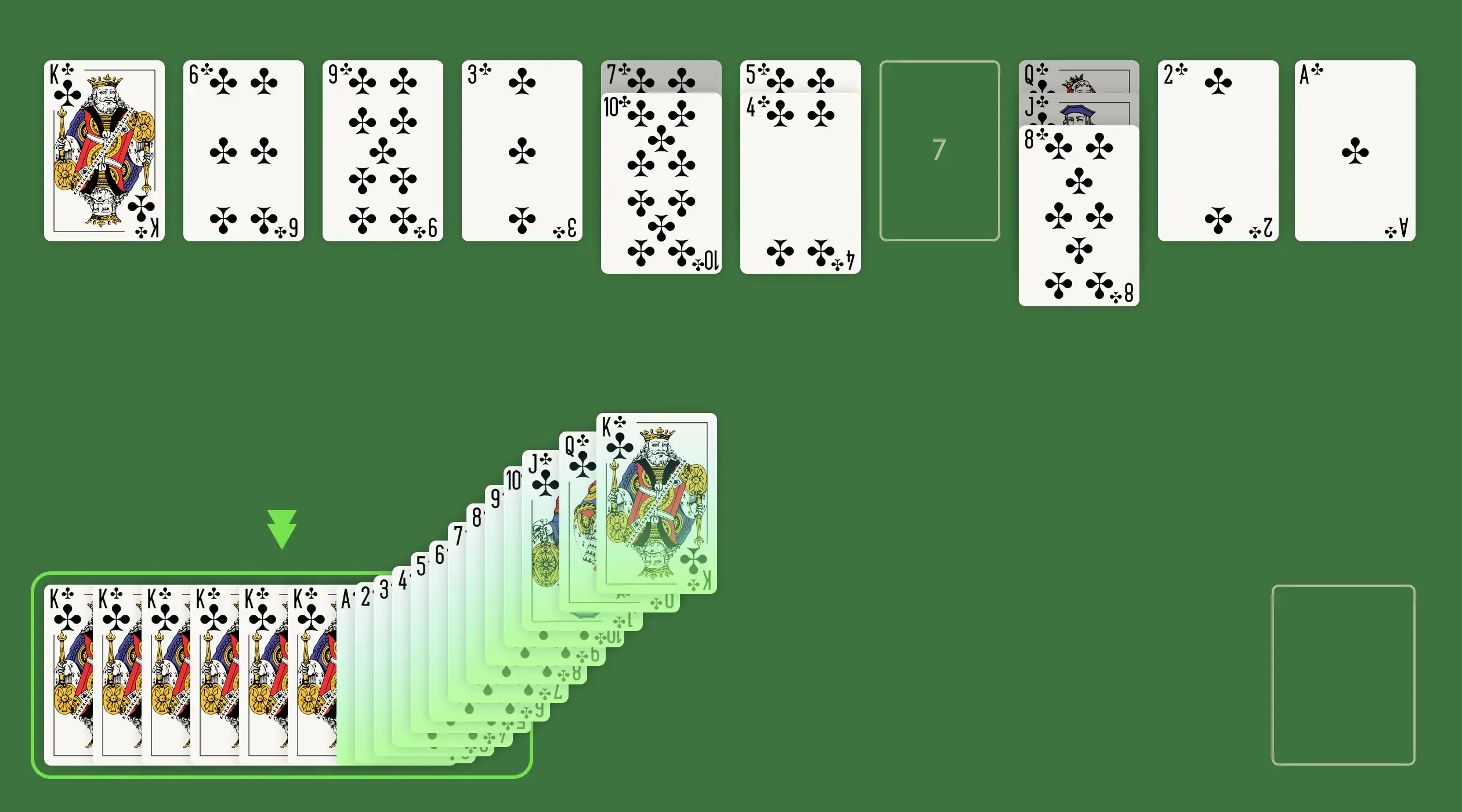 Now that you understand the layout, you might wonder how the rules differ from the traditional Solitaire variants, given the use of only one suit. The objective of the game is to build eight complete sequences from King to Ace in the Foundation piles.