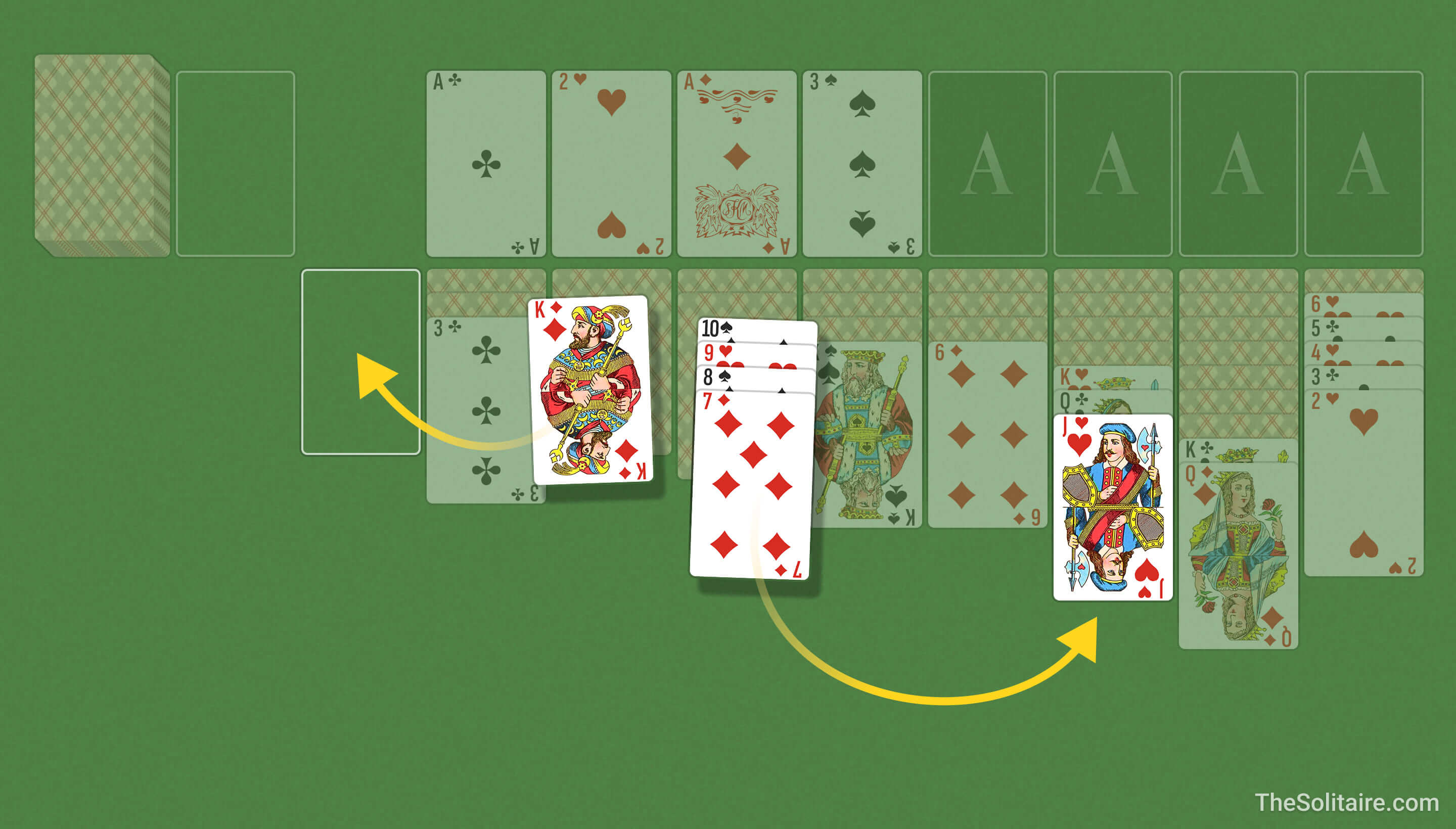 Double Solitaire (Turn 1). Example of moving cards between columns: a single card and an ordered group are placed in descending order with alternating colors.