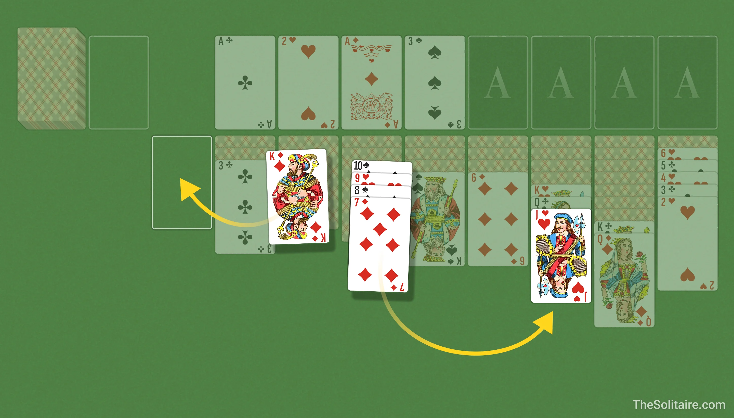 Solitario Doble (Reparte 1). Ejemplo de movimiento de cartas entre columnas: una sola carta y un grupo ordenado se colocan en orden descendente con colores alternados.