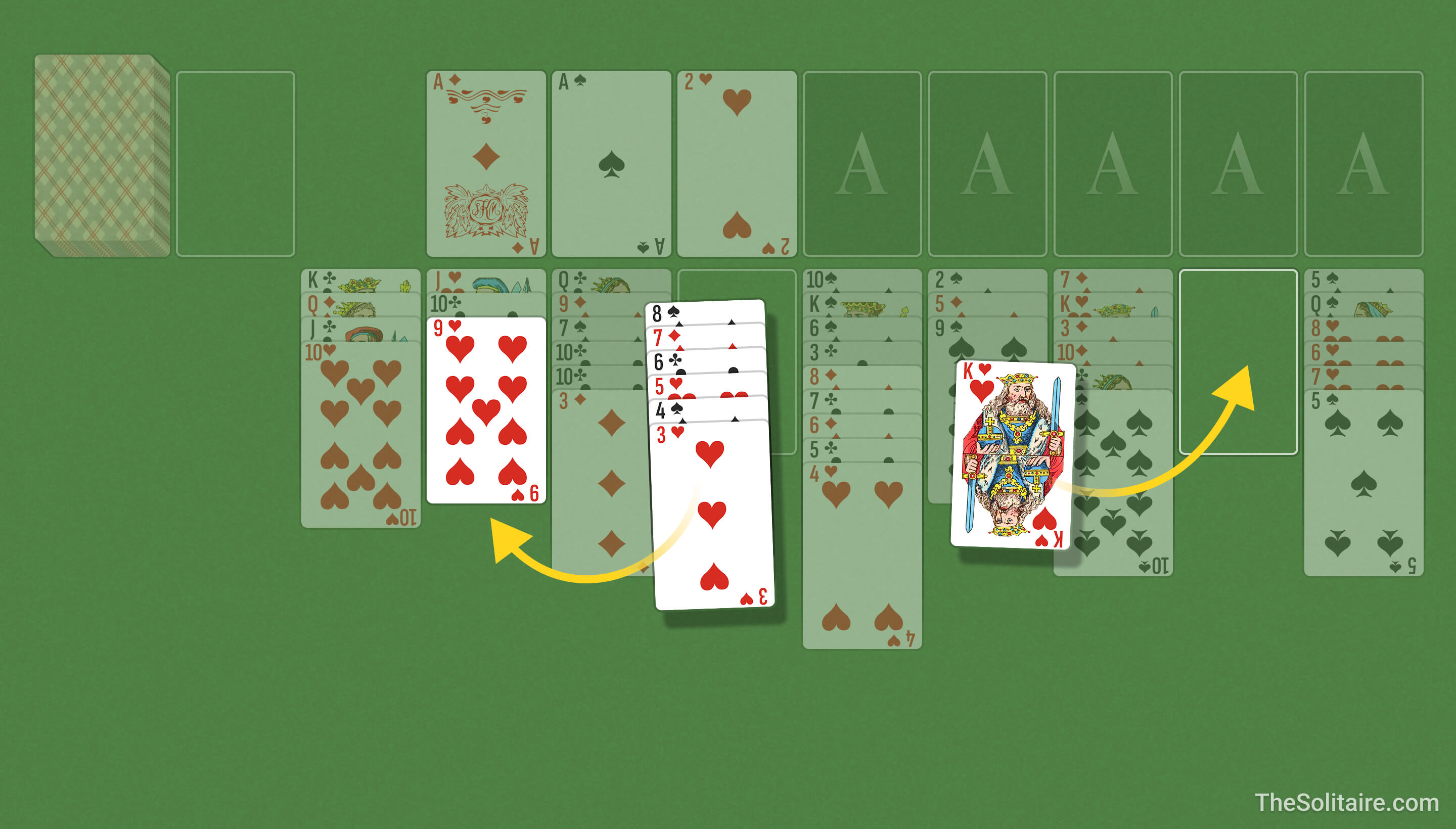 Подвійний «Солітер» (відкритий) (1 карта). Приклад переміщення карт між стовпцями: одиночну карту або впорядковану групу викладають за спаданням, чергуючи кольори.