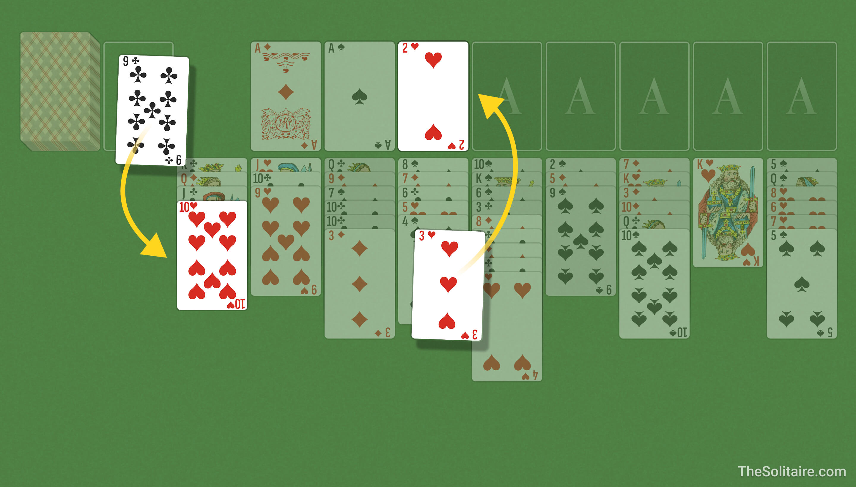 Подвійний «Солітер» (відкритий) (1 карта). Приклади ходу: карта зі скиду йде в стовпець, карта зі стовпця — у дім.