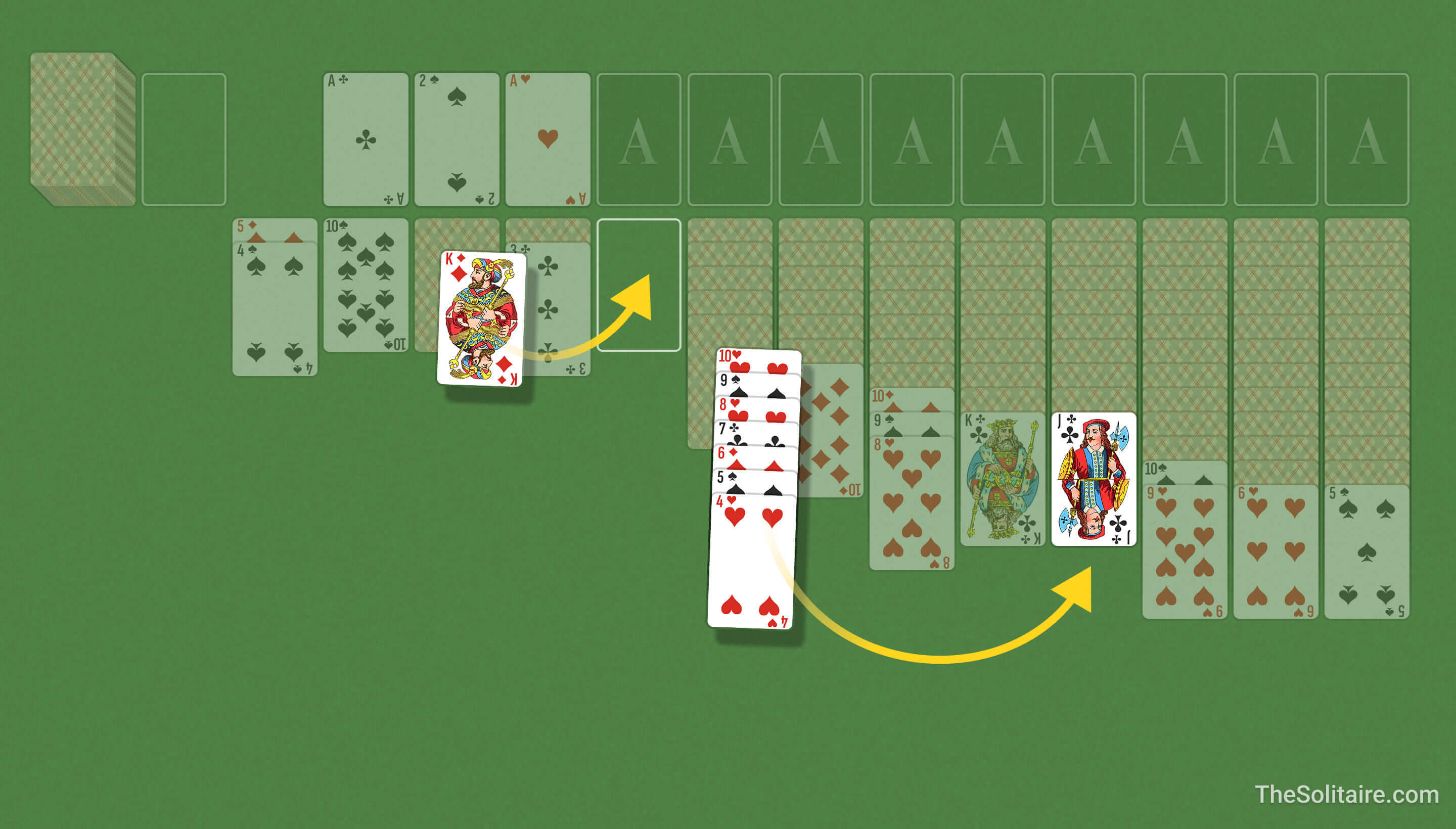 Solitaire triple (1 carte). Exemple de déplacement de cartes entre les colonnes : une carte seule ou un groupe ordonné sont placés en ordre décroissant en alternant les couleurs.