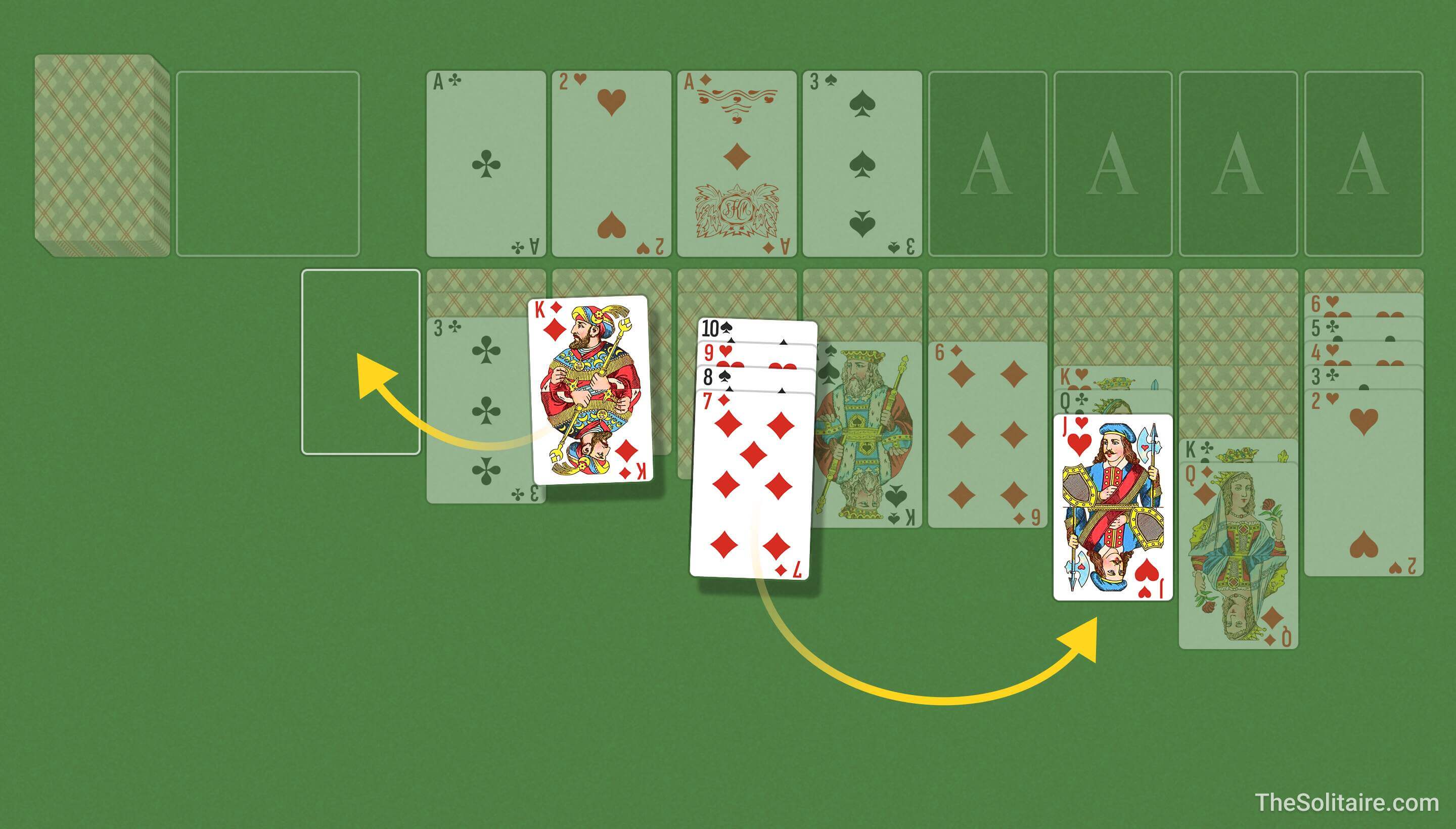 Double Solitaire (Turn 3). Example of moving cards between columns: a single card and an ordered group are placed in descending order with alternating colors.