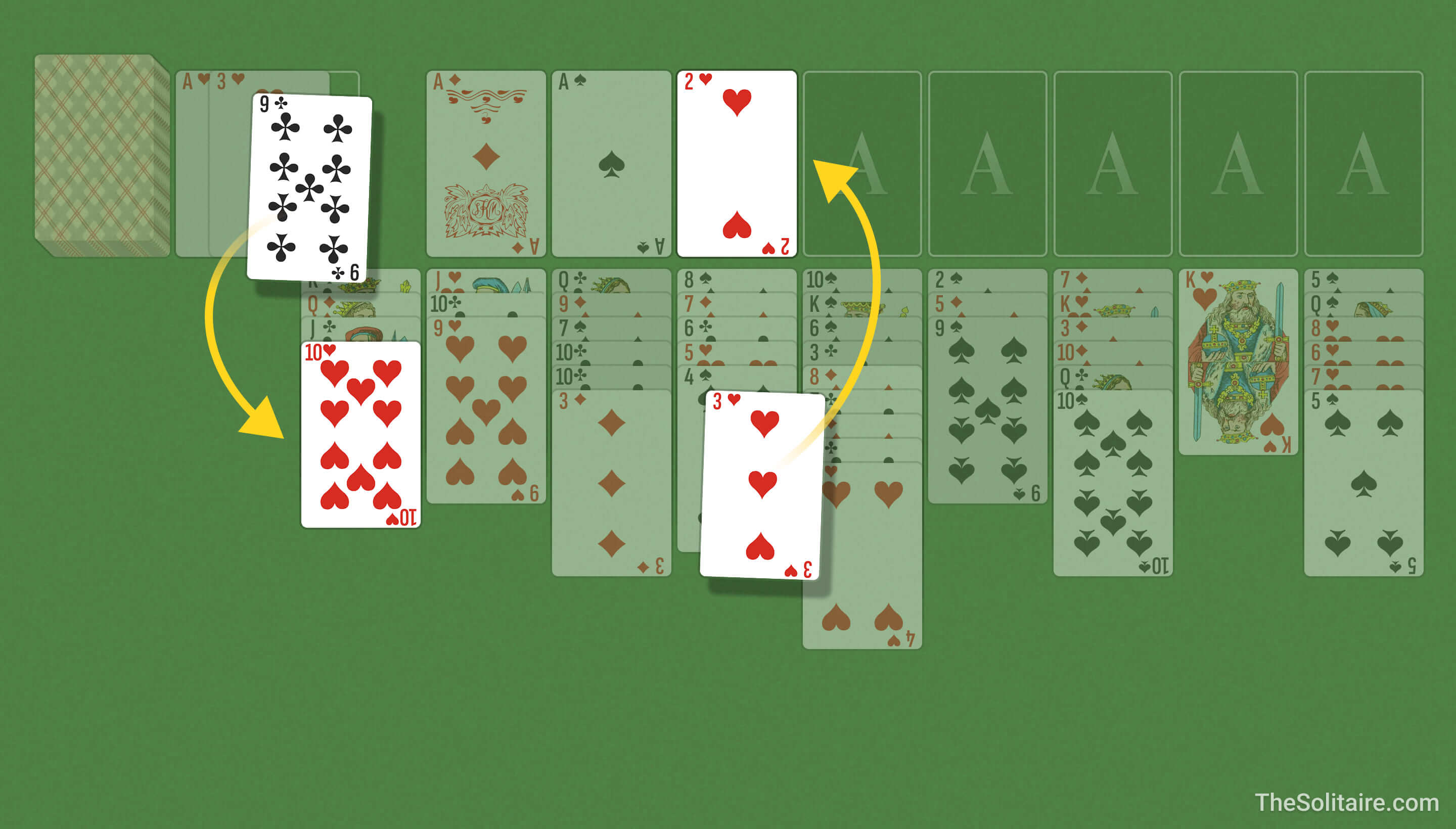 Подвійний «Солітер» (відкритий) (3 карти). Приклади ходу: карта зі скиду йде в стовпець, карта зі стовпця — у дім.