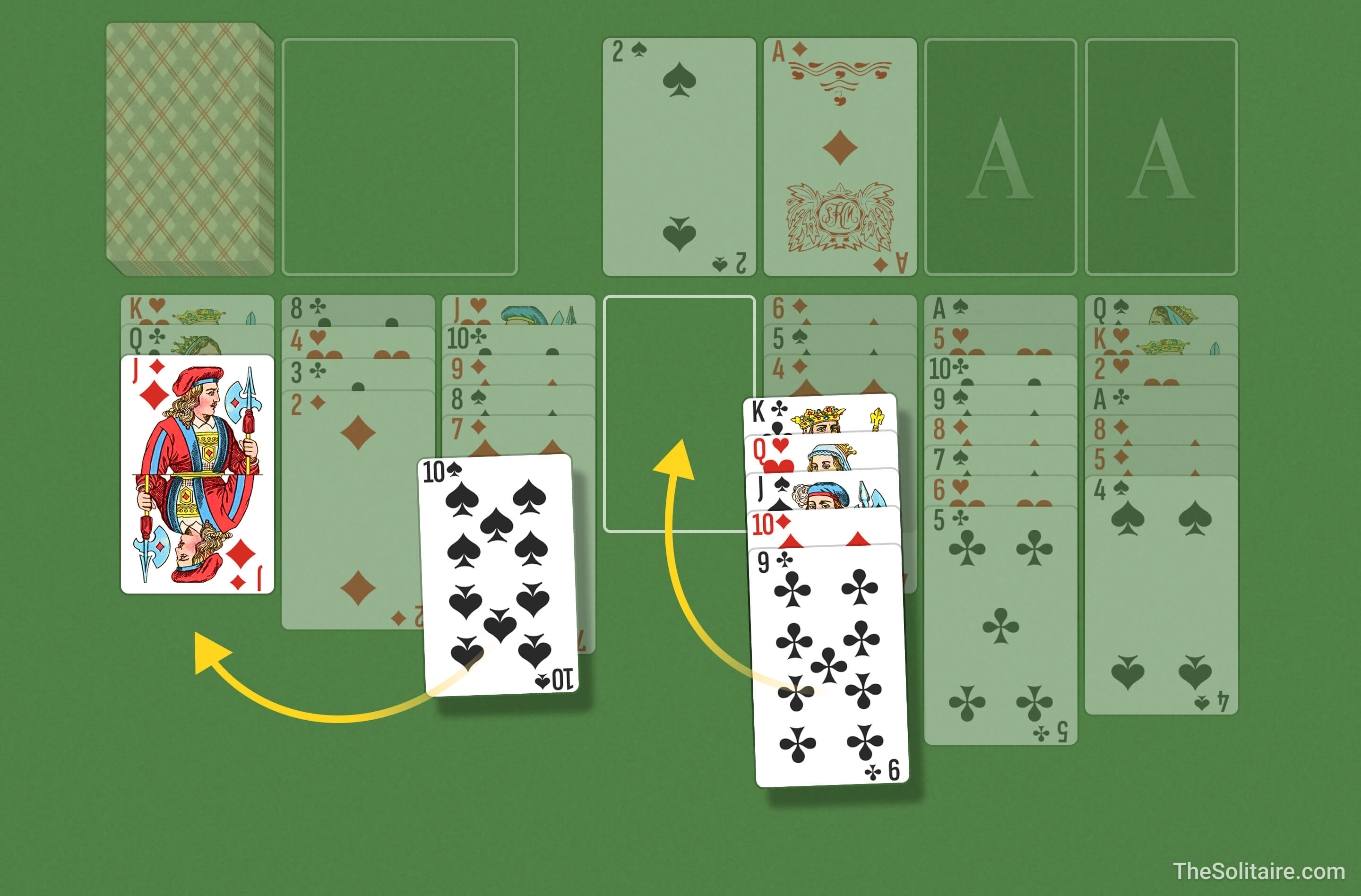 Solitaire (Hadap Atas) (Turn 3). Contoh memindahkan kad antara lajur: satu kad tunggal dan kumpulan yang telah disusun diletakkan mengikut urutan menurun berselang warna.