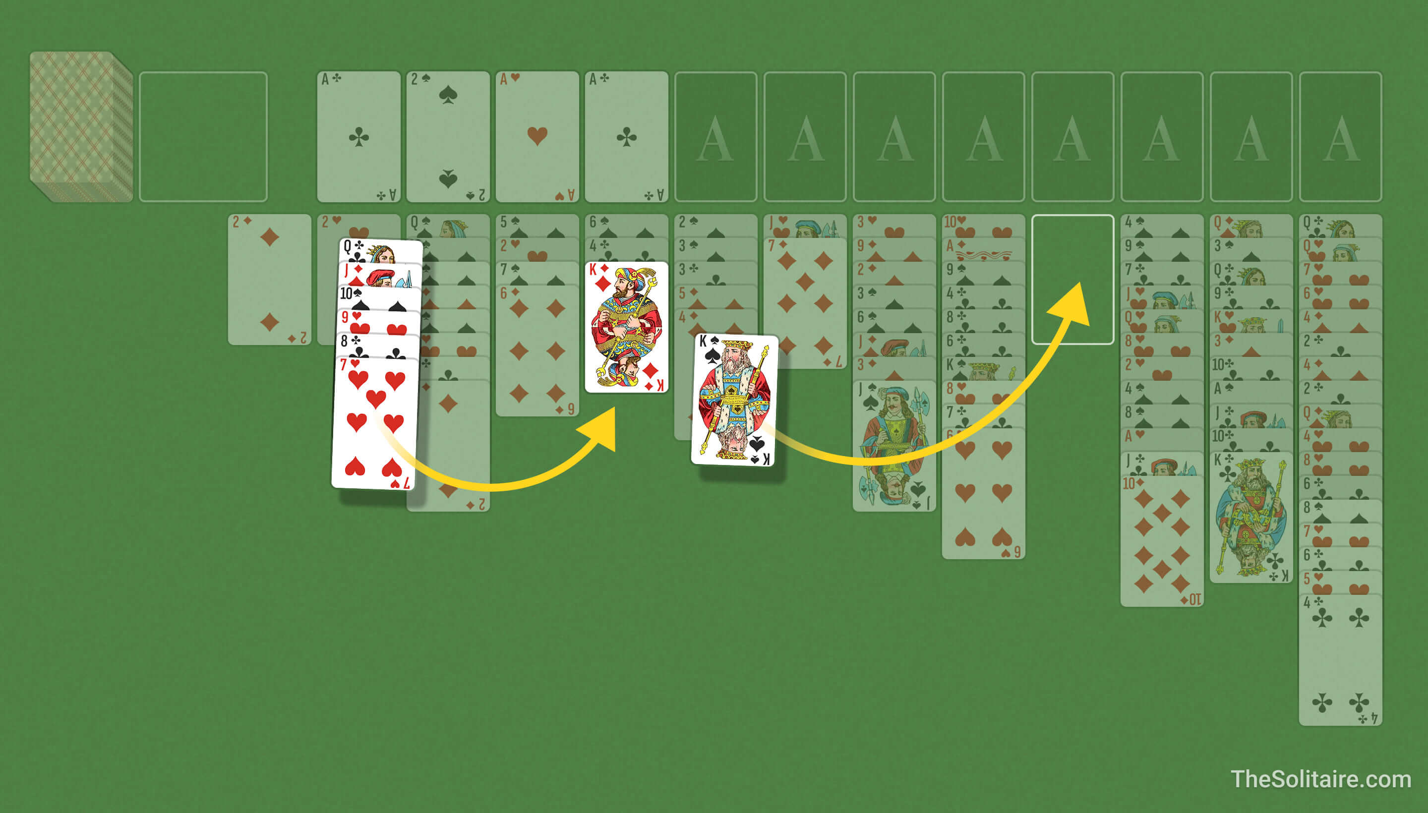 Triple Solitaire (Face Up) (Turn 3). Example of moving cards between columns: a single card and an ordered group are placed in descending order with alternating colors.