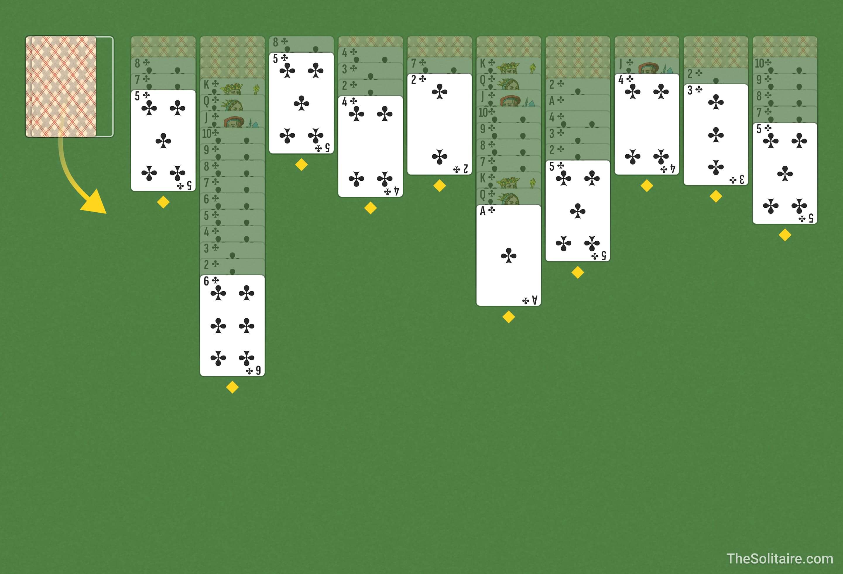 Paukov sa 1 bojom. Primer deljenja po jedne karte iz špila na vrh svake kolone.