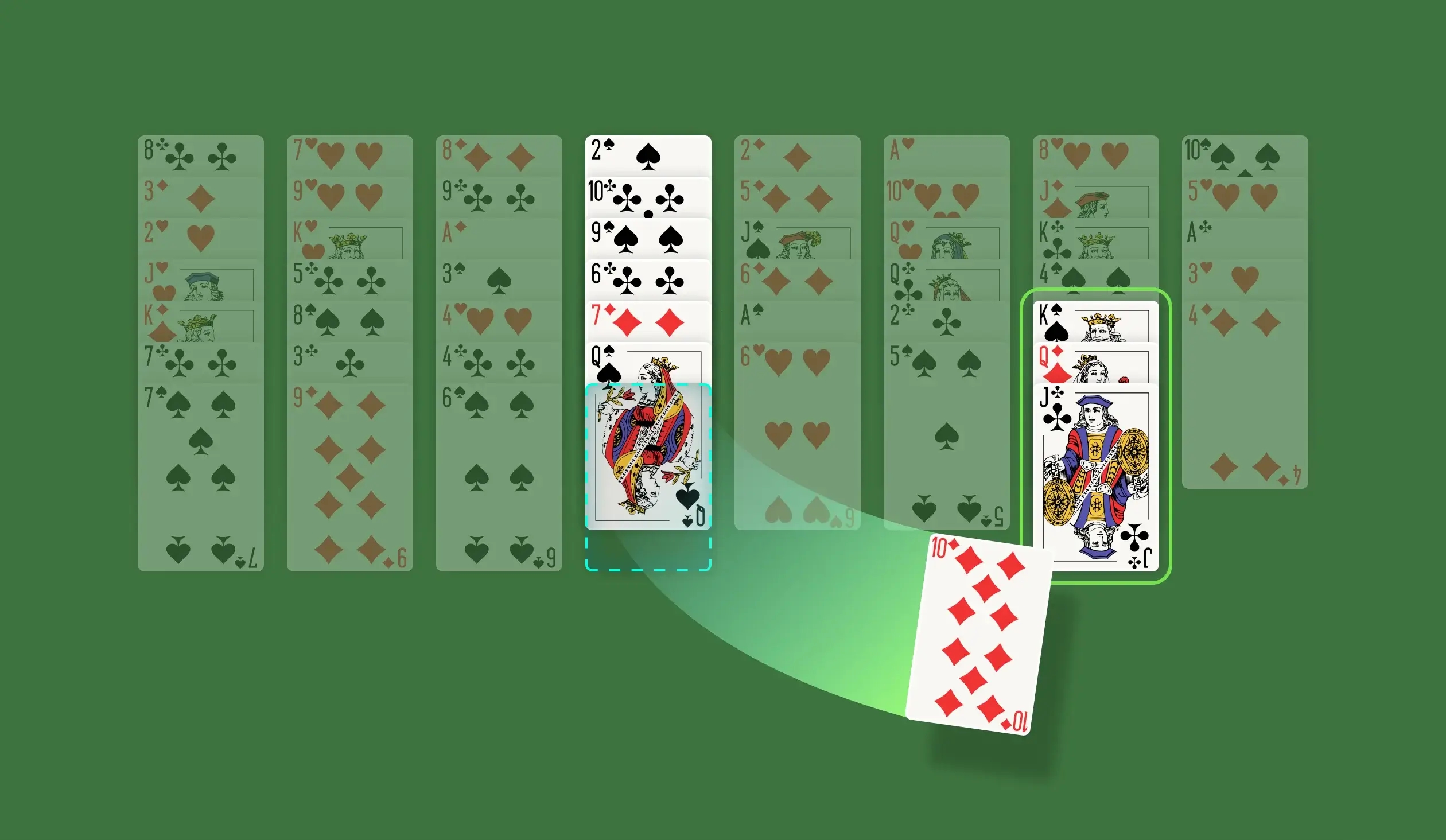 You can move cards around the Tableau columns to free up any cards to complete their suit in the Foundation. Cards in the Tableau columns must be organized in descending order and with alternating colors. You can either move cards by themselves or as a sequence of up to five cards. This limitation adds a fresh challenge to the game, encouraging you to come up with creative solutions. Freeing up a column makes it an additional space to park cards that you want to free up. Use these empty spots wisely!