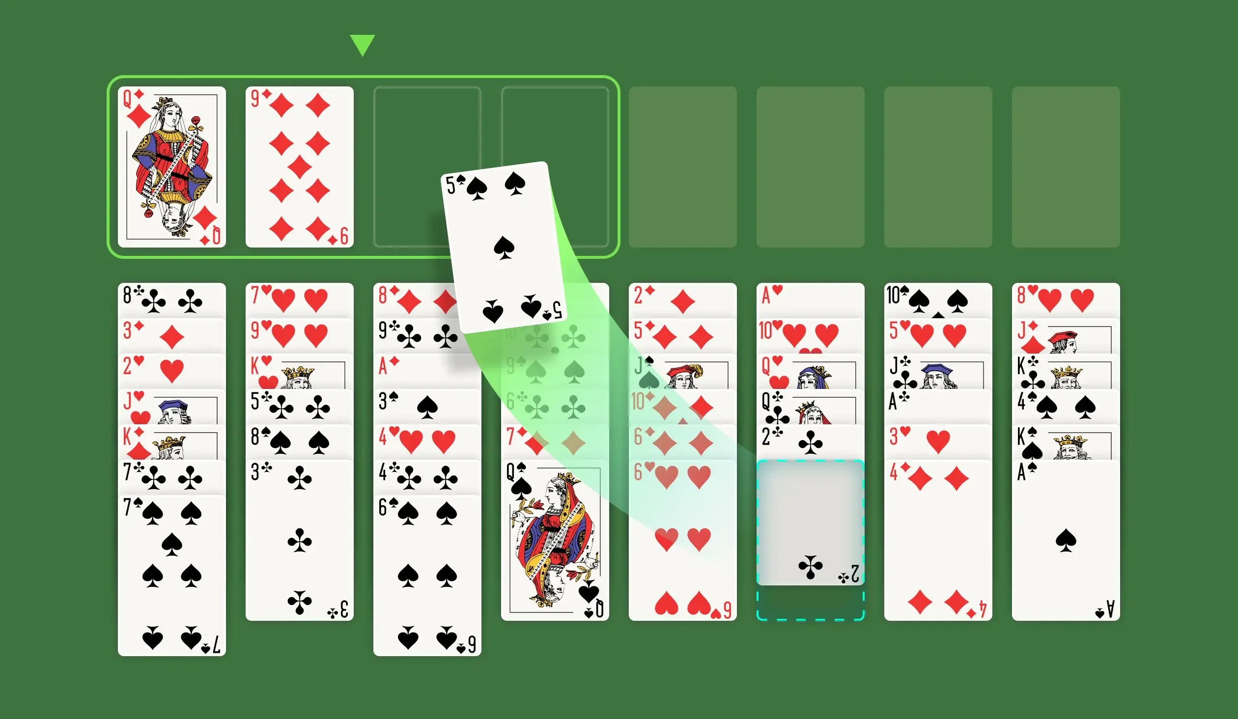 You’re going to need some space to park a card to free up the card behind it. Good news — in FreeCell, you have four of them! The four Free Cells are the perfect hotspots to hold any card temporarily to get to a blocked card. Your choice of which cards to place in a Free Cell can significantly either help or hurt your game. Your Free Cells can also help you move a sequence of cards to another spot on the Tableau columns. The maximum number of cards you can move in a sequence is five cards — four through the Free Cells and one by itself. The more cards that are parked in your Free Cells, the smaller of a sequence you’ll be able to move. Therefore, keeping your Free Cells available is crucial to gameplay.