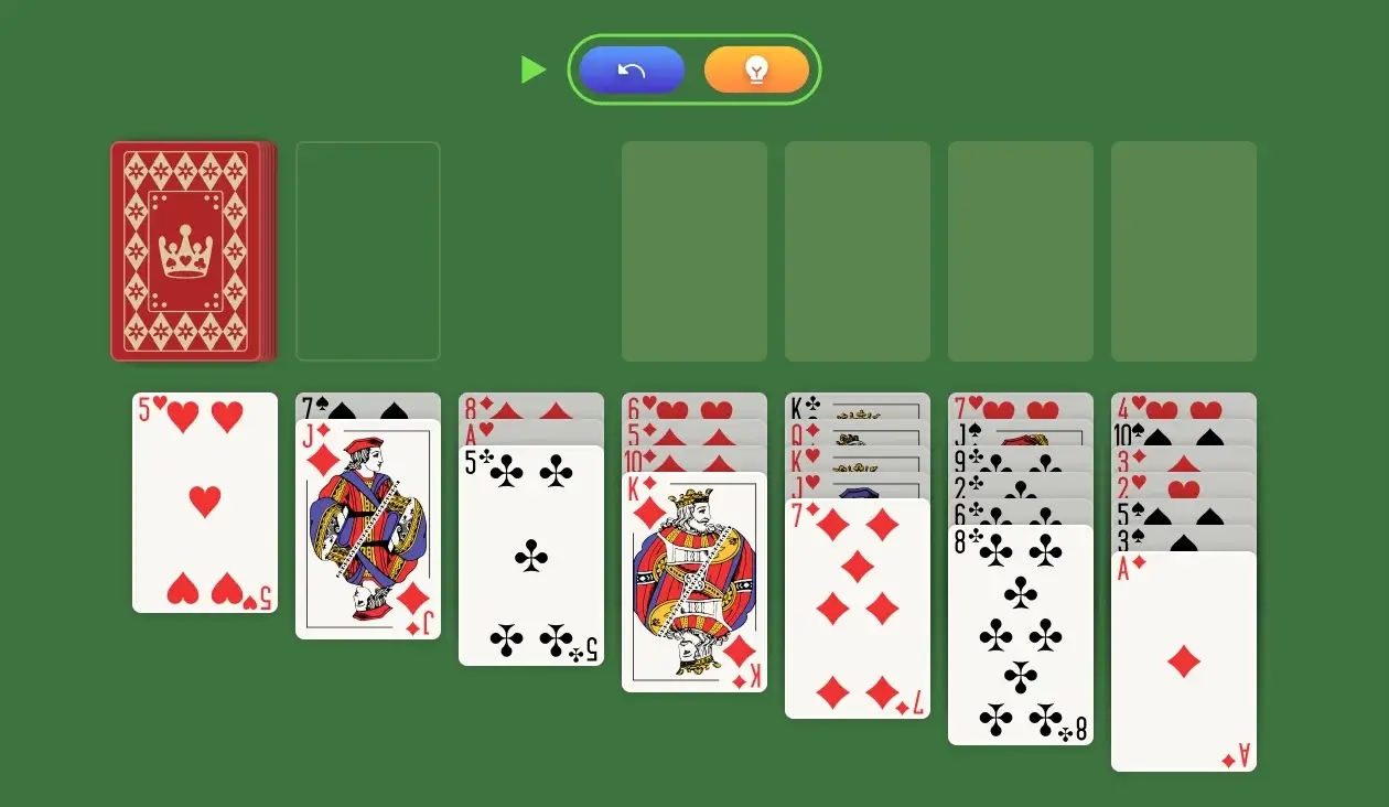 Beginners can easily win this variant of Solitaire. However, there is always help when you need it. Click on the HINT button on the top to get a fresh perspective to help you continue playing. Once you get the hang of the game, you won't need to use the HINT button as often. Also, the UNDO button is a lifesaver for those who make a hasty move or need to rethink their strategy. Feel free to use it whenever you need!