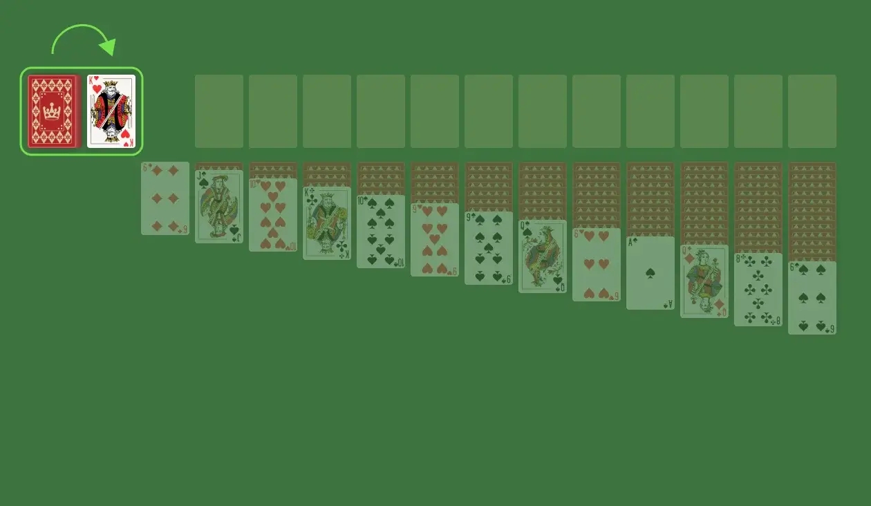 If you empty a column, you can fill the empty spot with only a King. On the other hand, when you have no more moves left, use the Stockpile to draw a card. Remember that you can draw one card at a time, and if you skip cards, you won’t be able to use them until you’ve gone through the entire Stockpile. Keep moving cards until you’ve created 12 Foundation piles and emptied the Tableau.