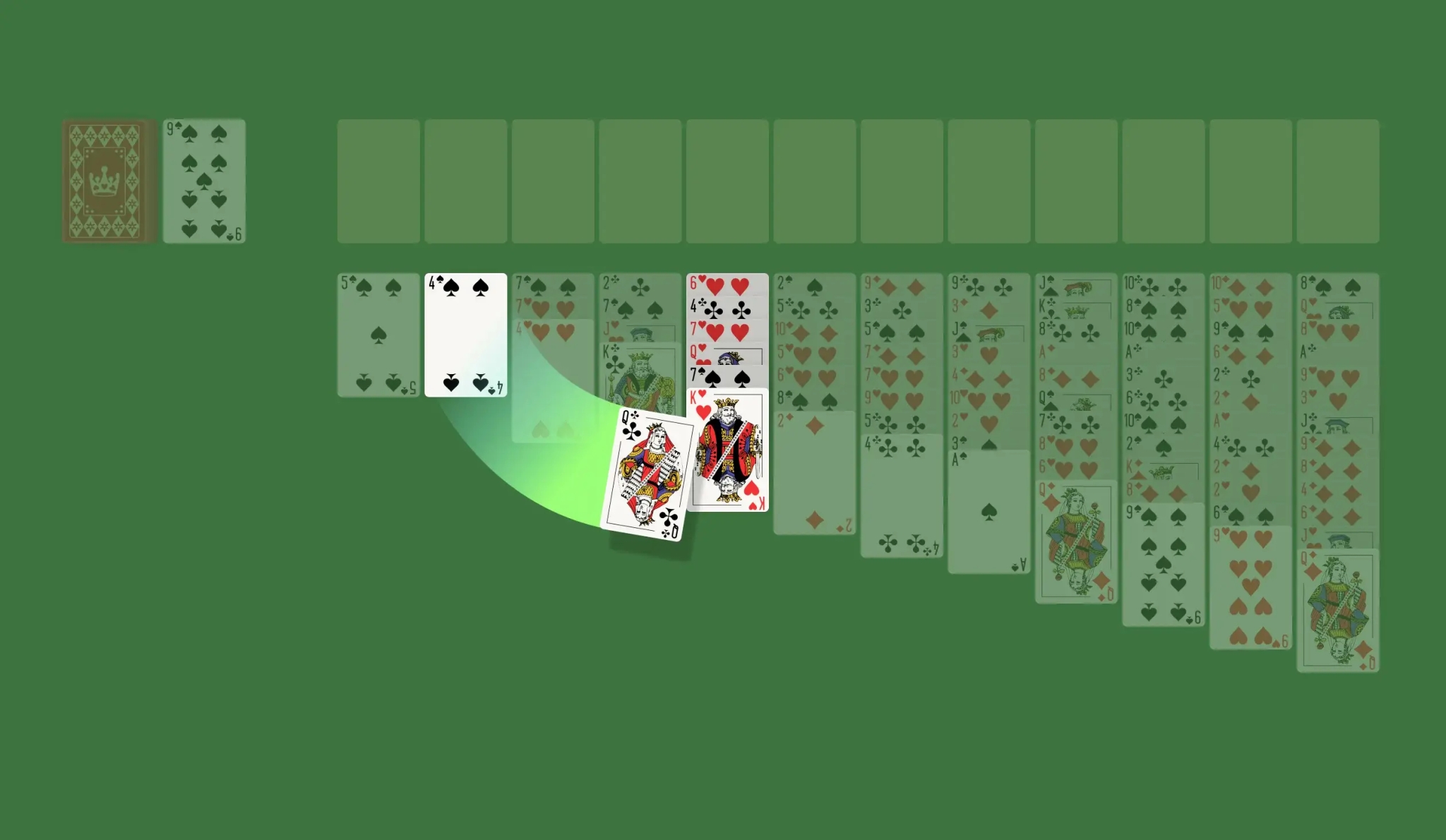 In the Tableau, you can move the top-most card from one column to the top of the top-most card of another column, given that the transferred card is one rank lower and of the opposite color. For example, you can move a 3 of Hearts onto a 4 of Spades. This rule is also applicable for sequences of cards — you can move a stack of cards together as a unit from one column to another as long as they’re in a sequence. You’ll also end up with empty columns multiple times during your games. Make sure to always fill them up using a King (or a sequence of cards starting with a King) to potentially create more moves in the Tableau.