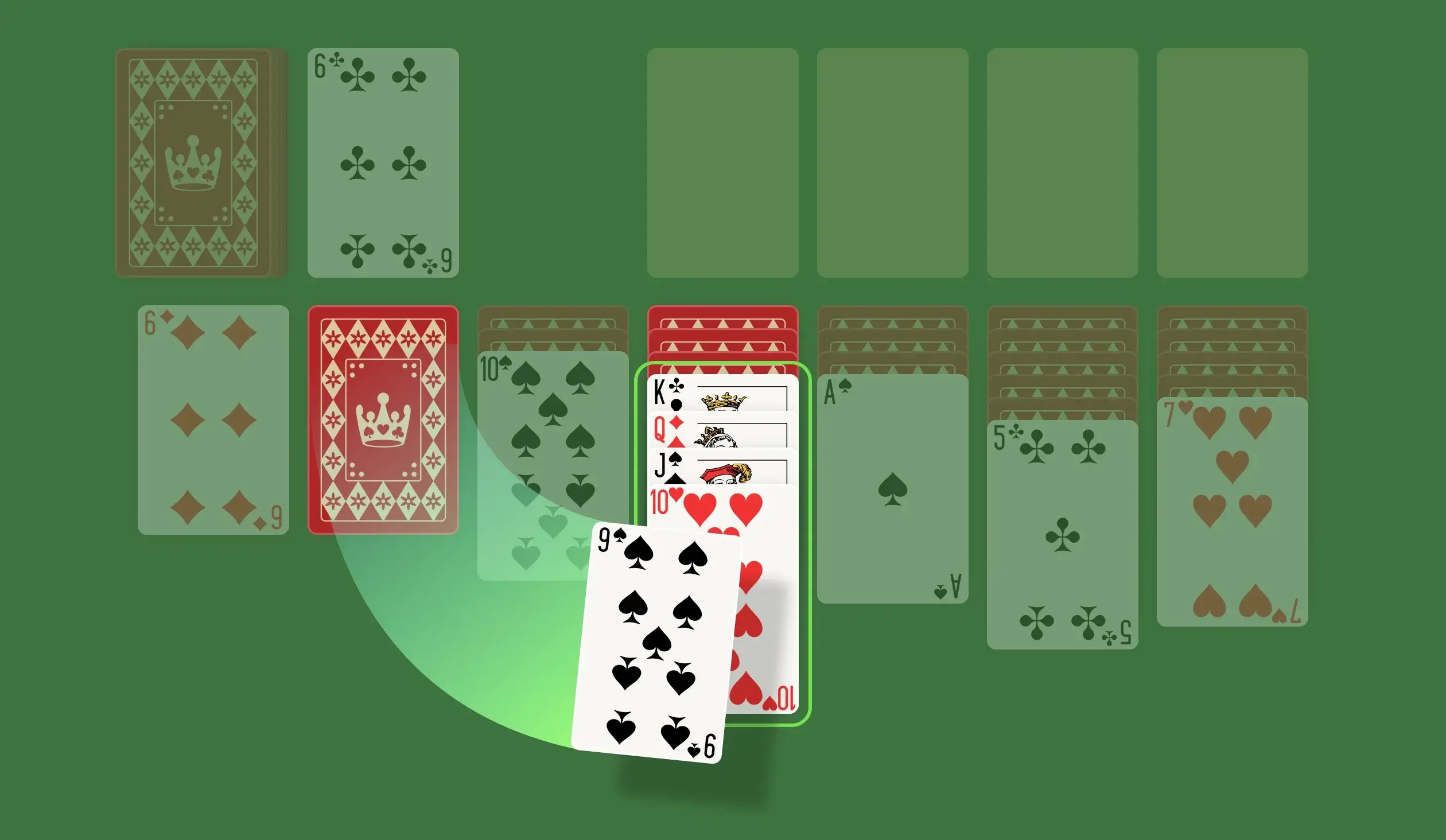 Move the cards on the Tableau in alternate colors from King to Ace: A red card below a black card or vice-versa.