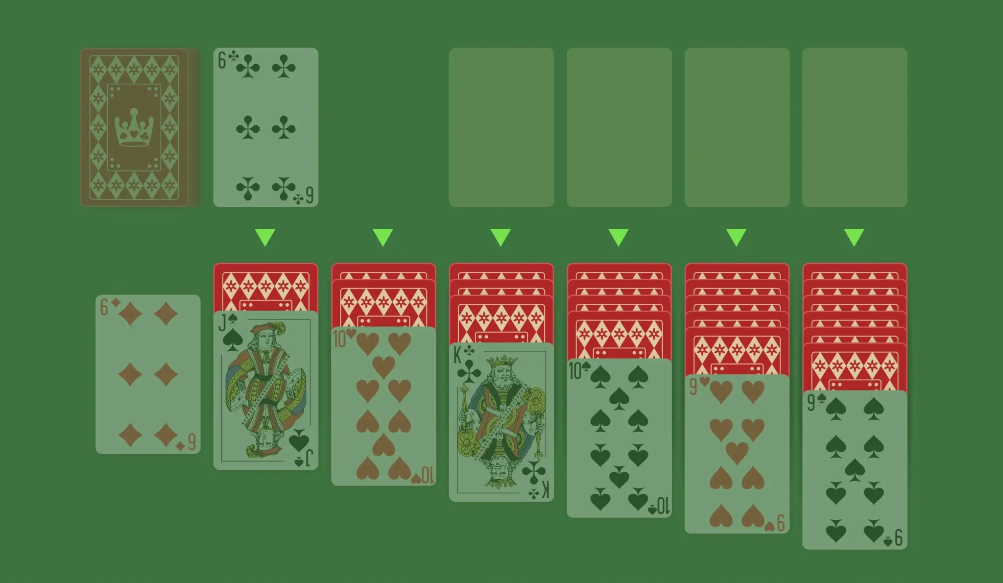 In the Tableau, you can move the top card from one column to another if it's one rank lower and a different color. For example, you could place a 7 of Diamonds on an 8 of Spades. This rule also applies to sequences, so you can move an entire stack of cards if they’re in descending order. Another important thing to know about the Tableau is how to handle empty columns. As you play, you'll likely end up with some blank spaces. When that happens, you can only fill them with a King or a sequence starting with a King, which will give you more options for future moves.