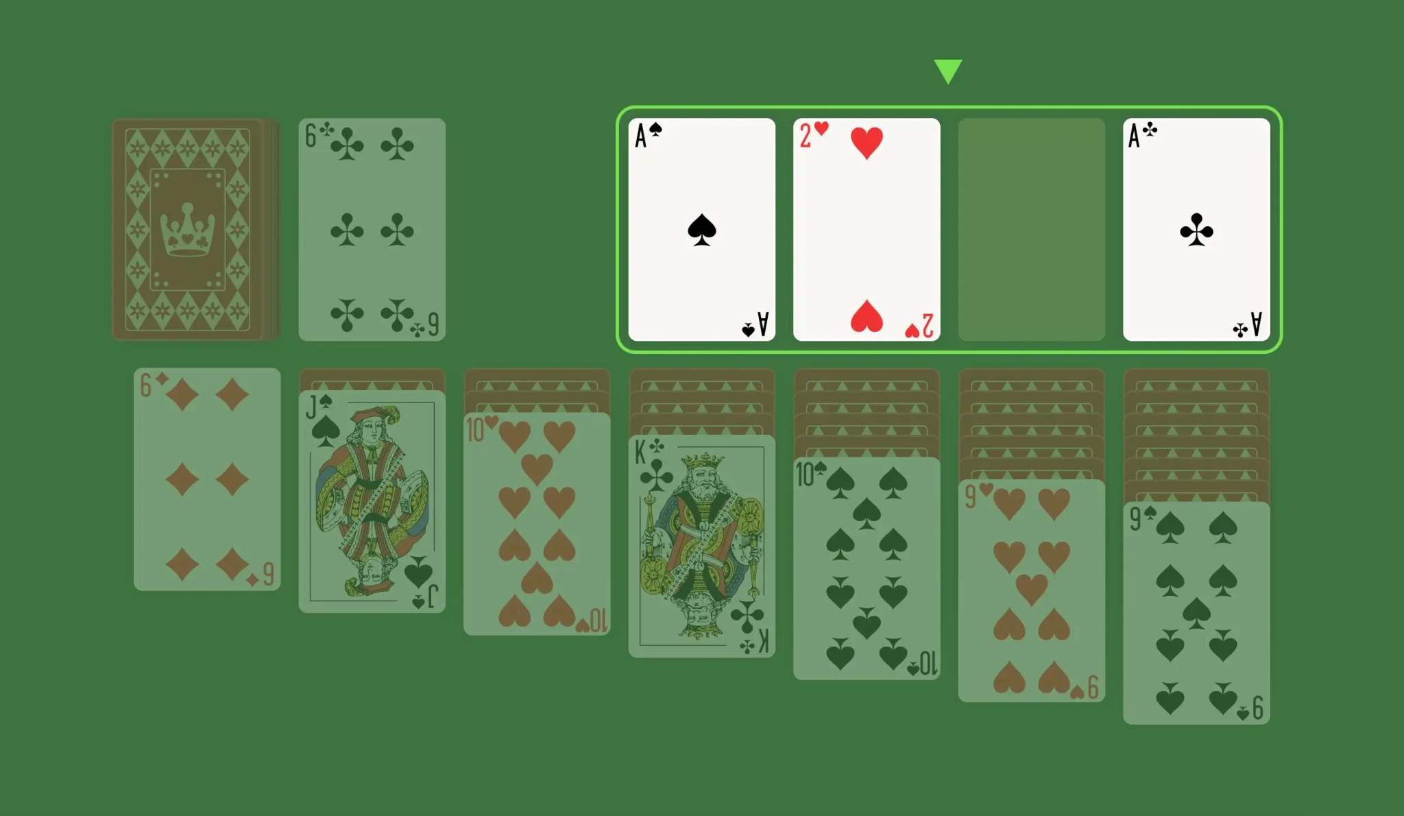 Move cards to the Foundation spots — from Ace to King — according to their suits.