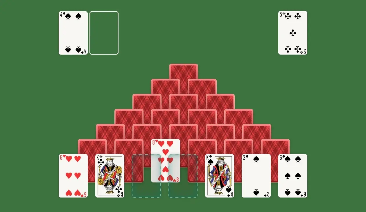 Since much of the Tableau consists of face-down cards, the game has an added layer of unpredictability. Hence, your priority should be to uncover as many face-down cards as possible, preferably along the same row to keep the Tableau from being too chaotic. To uncover a face-down card, you need to discard the two cards that overlap it, whether by pairing them up (if possible) or individually pairing them with other cards you have available. You can only play cards that are face-up, which makes sense since you’d have no way of making correct pairs with cards you can’t see!