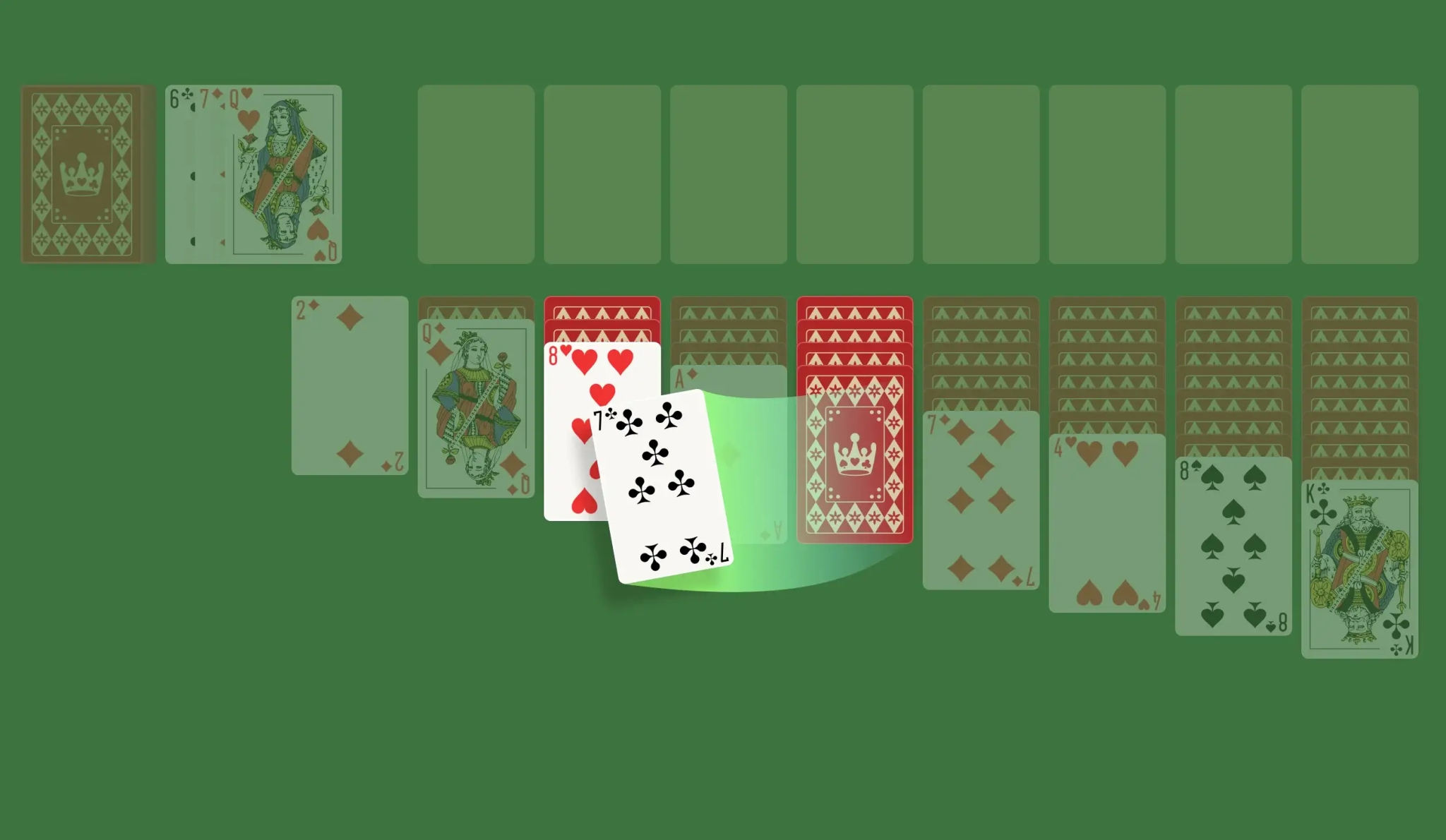 Your top priority when playing Turn-Three (Double) Solitaire should be to reveal as many face-down cards as possible. The more you unravel the Tableau, the more you understand what cards to work toward. Hence, as far as moving cards are concerned, you can move any topmost card from one column to another if it is ranked immediately lower and of the opposite color. In other words, you can move a 5 of Clubs on a 6 of Diamonds. Similarly, you can also move a pile of cards from one column to another if the first card in the pile conforms to the aforementioned ruling.