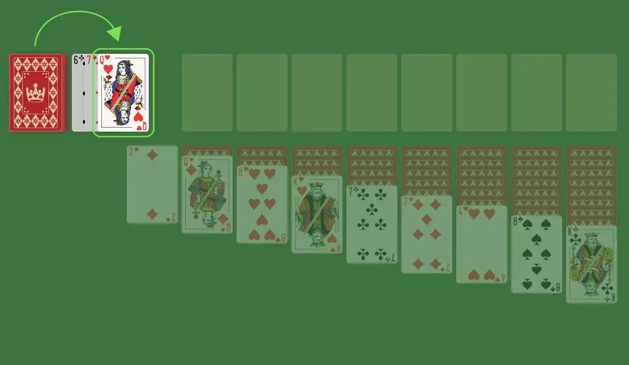 You can draw three cards at a time from the Stockpile. However, you can only play whichever card is on top. For example, if you draw a 6 of Spades (the topmost card), a Queen of Hearts, and a Jack of Clubs, you must first play the 6 of Spades to access the Queen and then play the Queen to access the Jack. Moreover, if you exhaust the Stockpile, shuffle the cards from the Wastepile to form a new Stockpile.