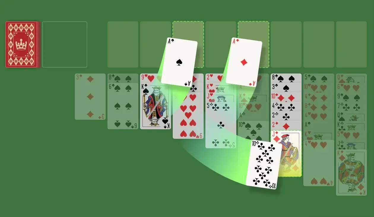 Turn-Three (Double) Face-Up Solitaire is a game that incorporates elements from three different games. The extra challenge added by the features extracted from Turn-Three and Double Solitaire tips the scales of the game a bit toward the “difficult” side. The opposing scale isn’t empty, however, as the Face-Up feature gives you full transparency in the Tableau while playing the game.