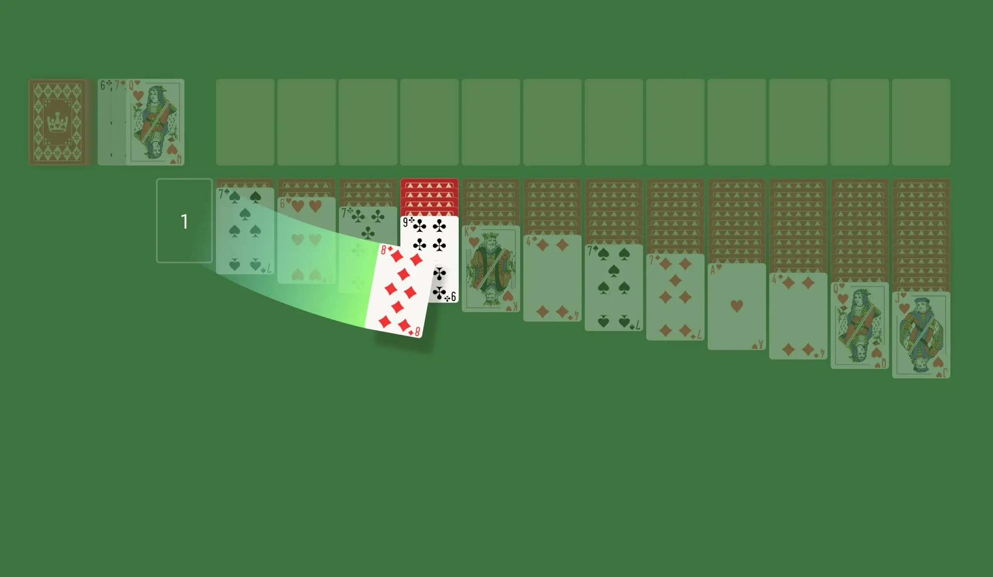 In the Tableau, you can move the top card from one column onto the top card of another column, as long as the card you’re moving is one rank lower and of the opposite color. For instance, you can place a 9 of Diamonds (a red card) on a 10 of Spades (a black card). This rule also applies to sequences, allowing you to move a whole stack of cards from one column to another, provided they follow the descending order. Throughout the game, you’ll often find yourself with empty columns. Whenever that happens, be sure to fill them with a King or a sequence starting with a King, which can open up more opportunities for future moves.