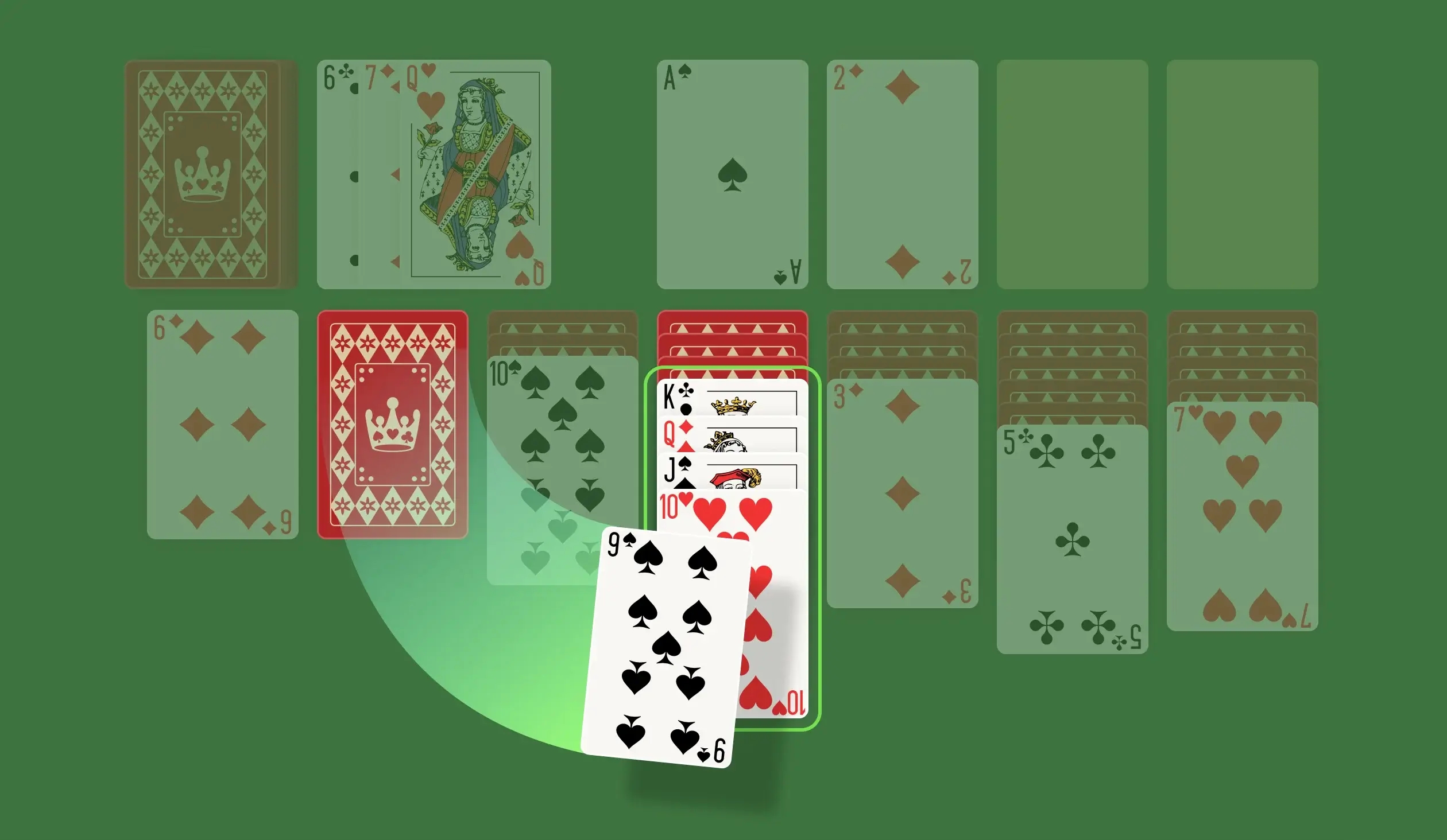 Start playing Solitaire Turn-3 by organizing the cards in the Tableau columns in descending order. However, remember that the colors must alternate when arranging them in the Tableau. You can move cards either one at a time or in a sequence. The more cards you organize, the more face-down cards you can reveal when playing. Soon you might even clear an entire column. However, don’t fill it up with just any sequence of cards! Instead, strategize and make your moves wisely.