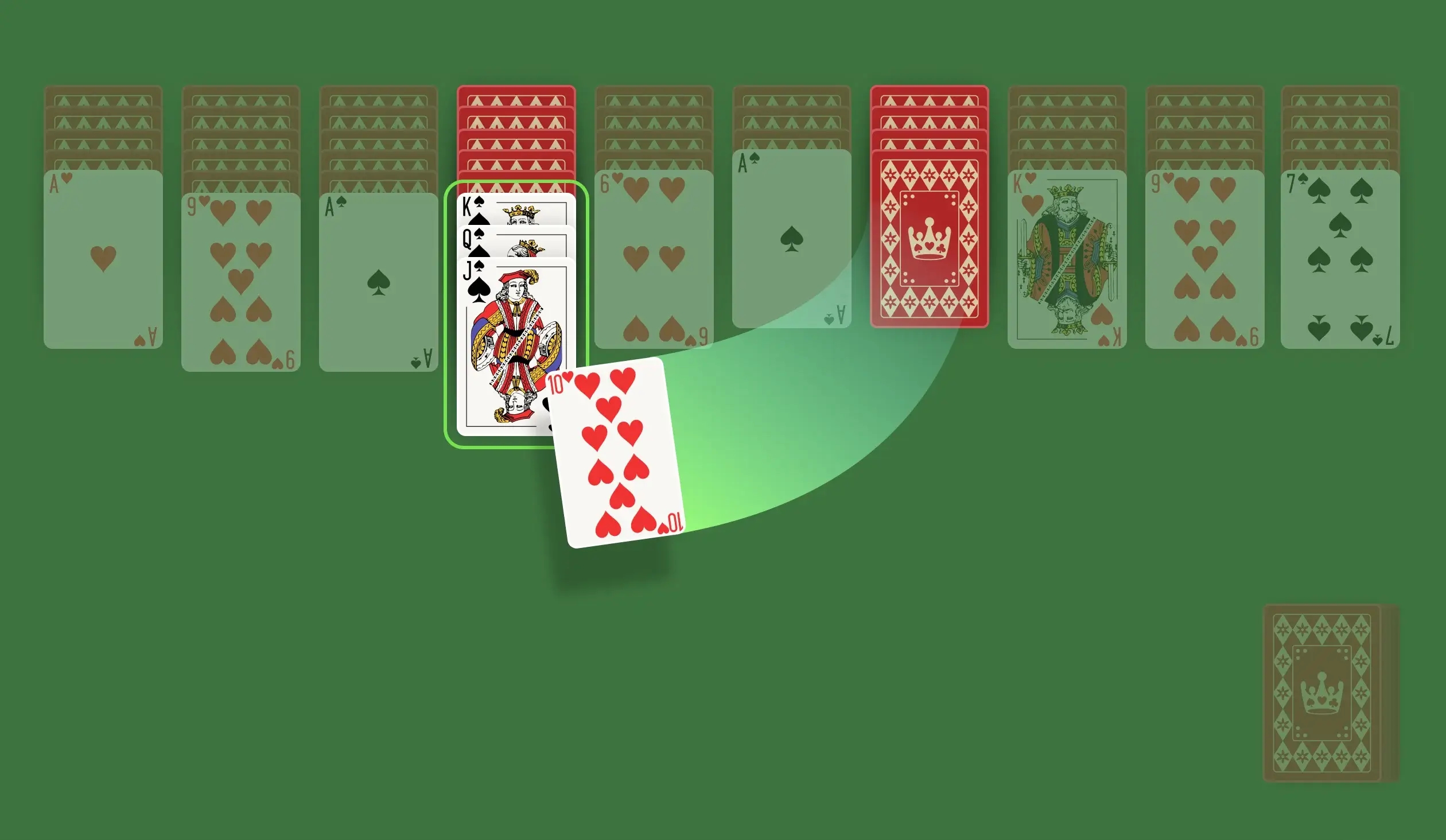 The goal of the game is to organize cards in descending order from King to Ace. With 2 Suit Spider Solitaire, you will need to form a complete set of two out of four suits. There is no need to stress about alternating colors. Sounds easy? Wrong! This game is tougher than you think. 2-Suit Spider Solitaire is one level higher than the 1-suit variant and a level lower than the 3-suit one.