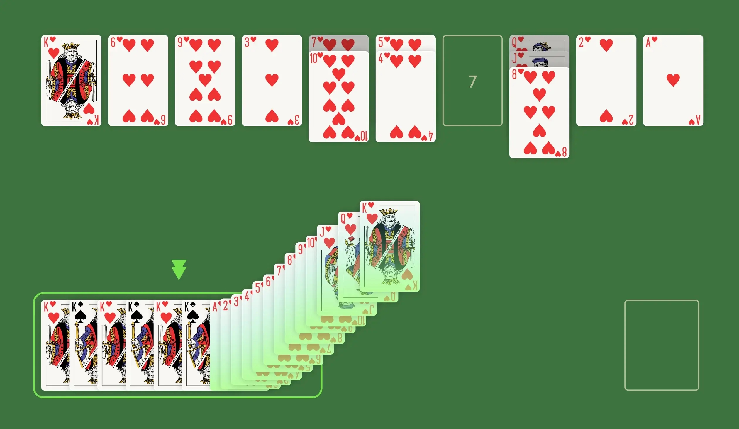 Once you start playing the game, your strategies will lead you in the direction to win. Forming two complete suits from King to Ace will effectively declare you the winner. One of the popular strategies used to win is to focus on building from high-value cards. While low-value cards are important, high-value cards open more possibilities for you.