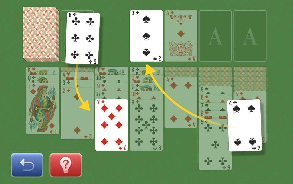 Klondike Solitaire screenshot with the next move highlighted and visible Undo and Hint buttons.
