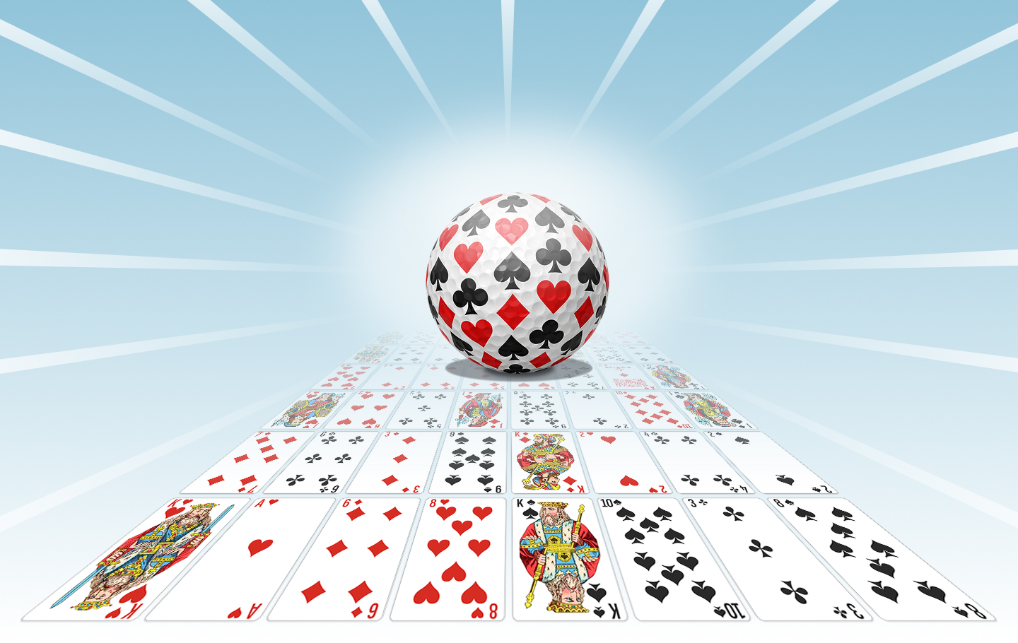 Illustration of a suit-patterned golf ball above a runway of playing cards, representing Golf Solitaire.