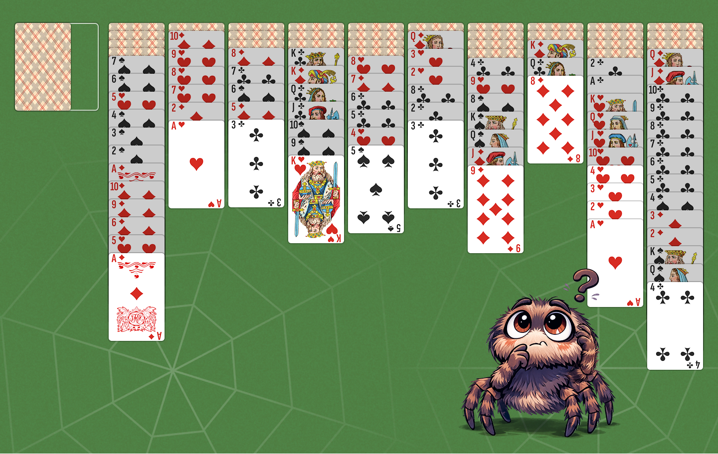 Spider Solitaire layout on a green table with a cartoon thinking spider, ready for the next move