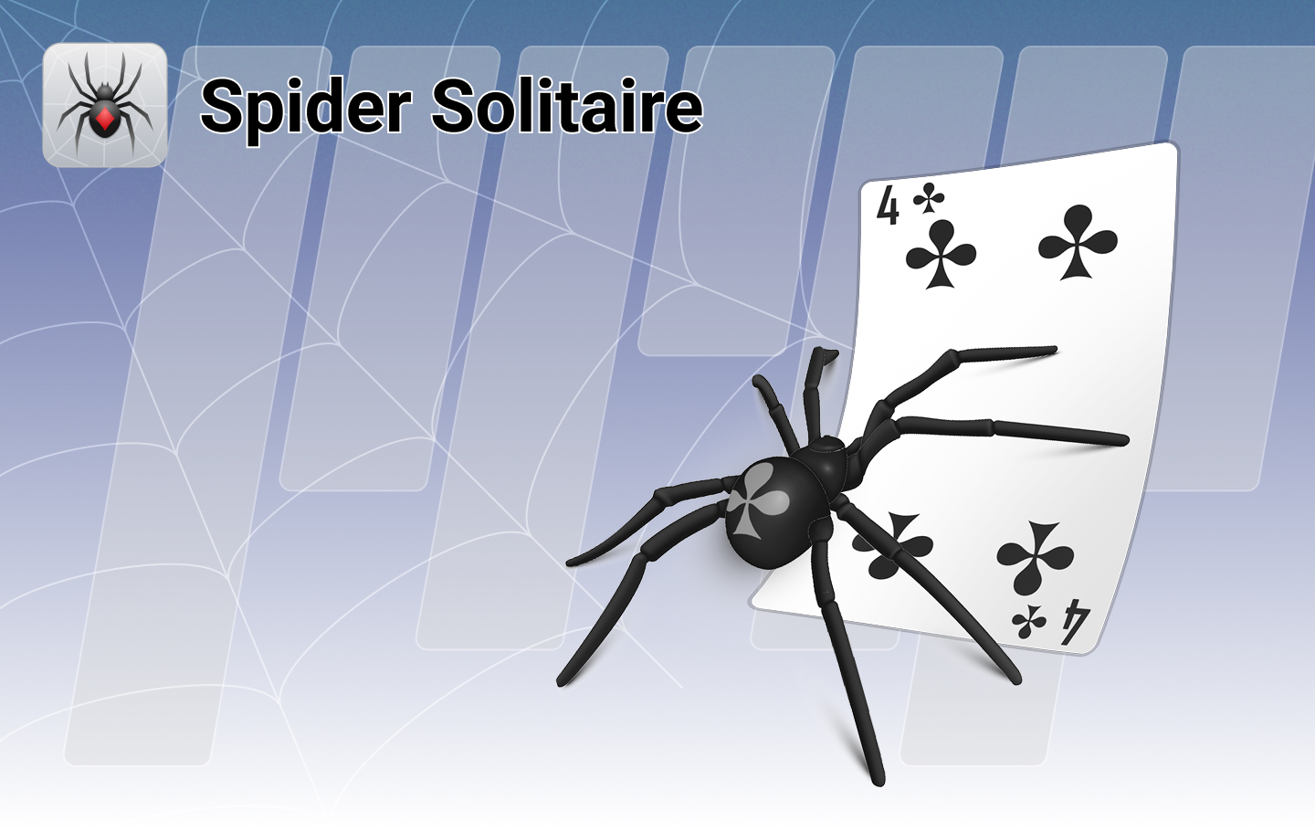Illustration for Spider Solitaire with a spider, web background, and a 4 of clubs card