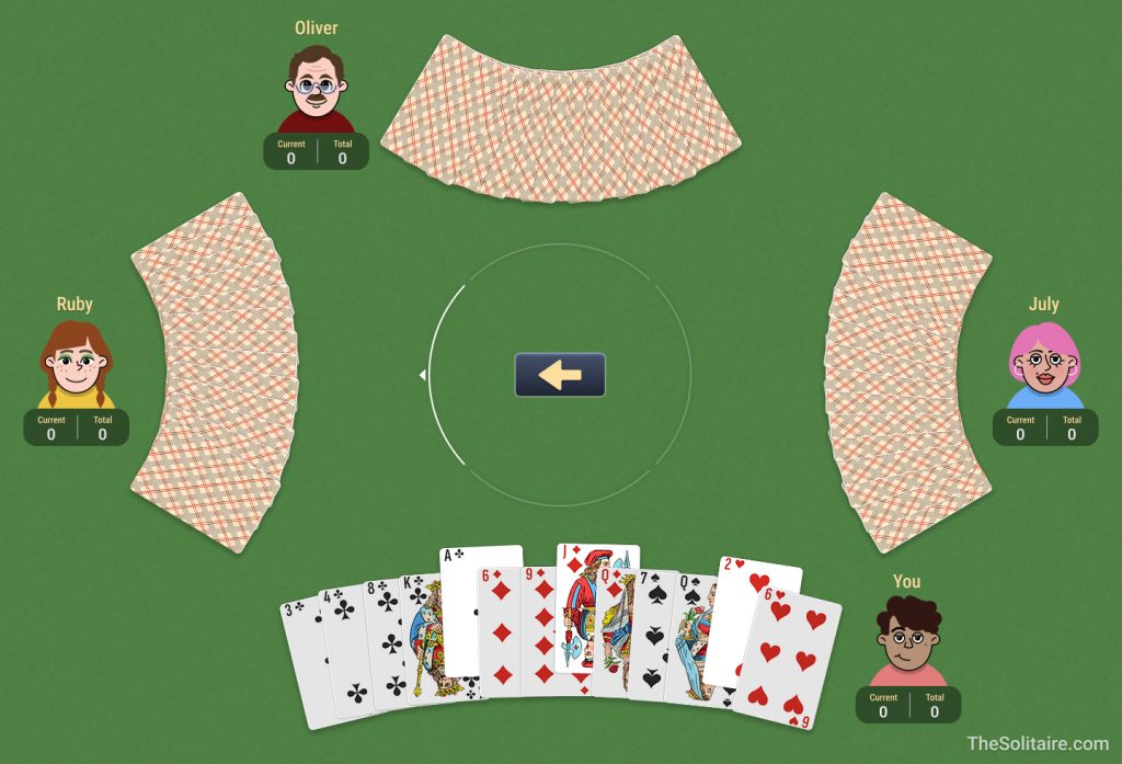 Screenshot of an online Hearts game interface showing the player's hand and direction for passing cards.