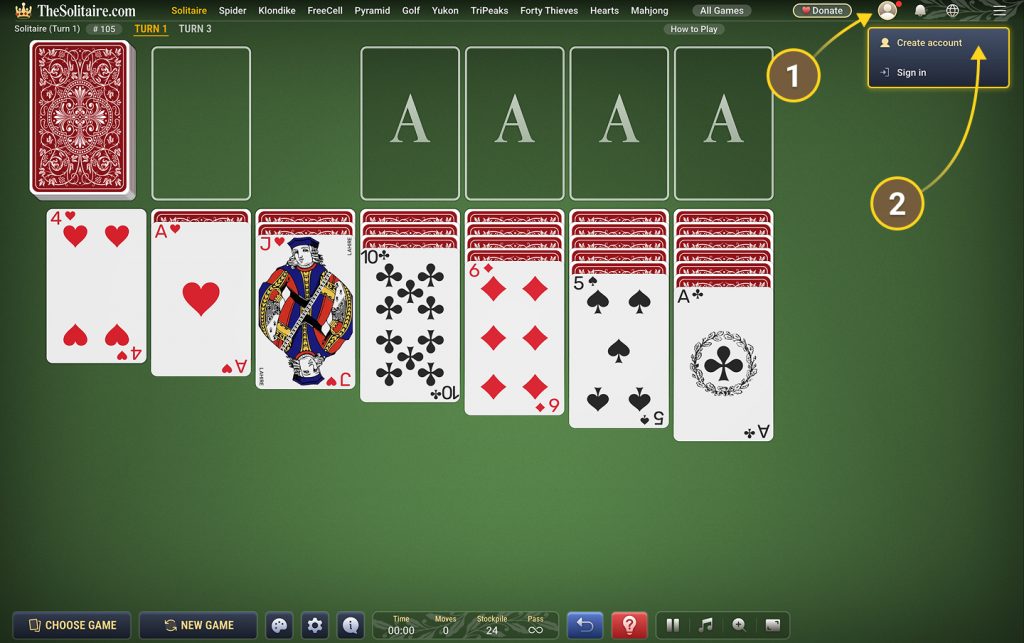 TheSolitaire.com game screen with the account menu open, showing Create account and Log in options.