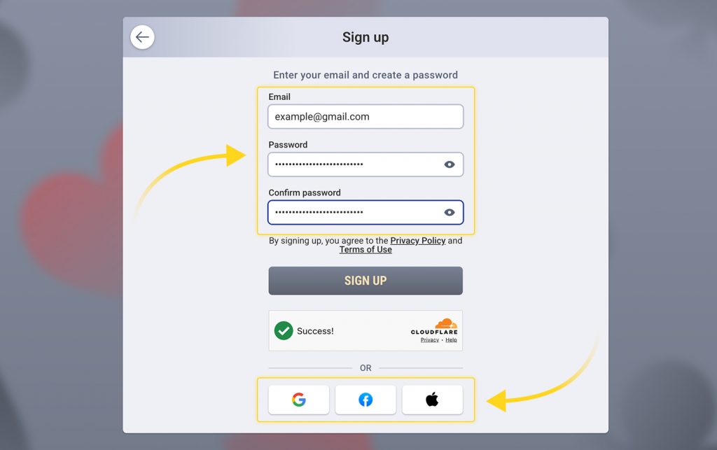 TheSolitaire.com sign-up form with email, password, confirm password fields, and Google, Facebook, and Apple sign-up options.