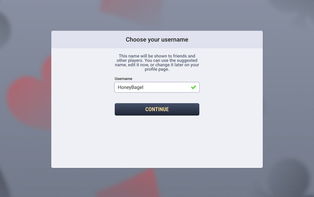 TheSolitaire.com username selection screen with a suggested player name that can be edited before continuing.